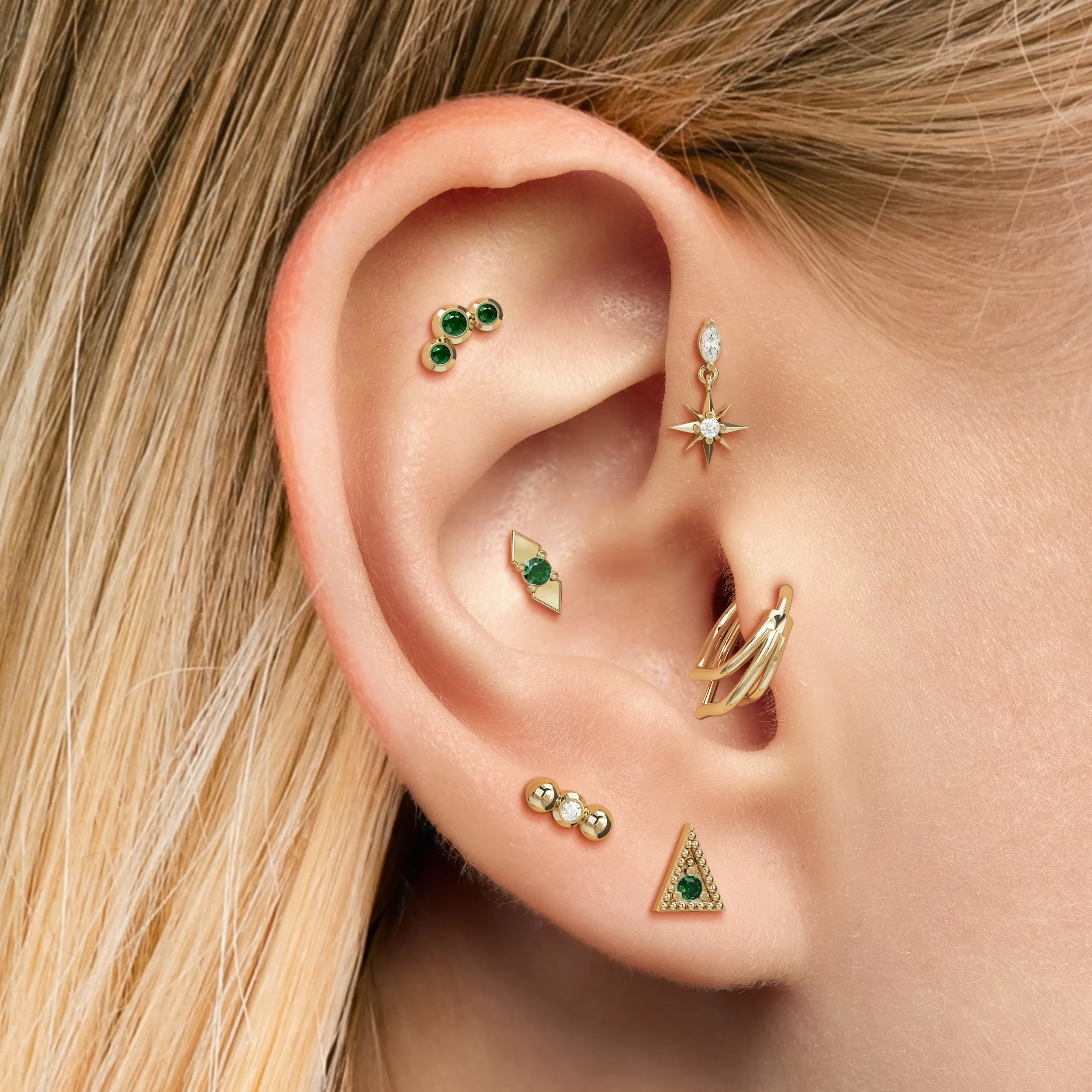 14K Gold Emerald Granule Triangle Stud