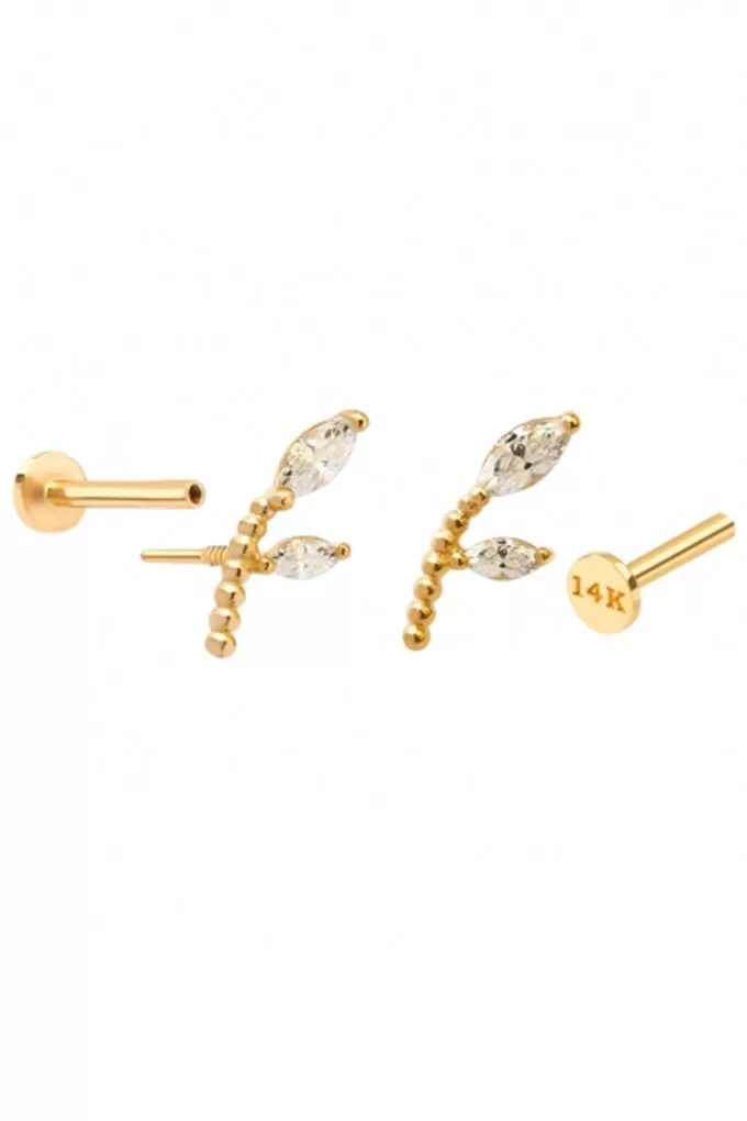 14k Gold Helix Tragus Inner Conch Cartilage Twig Flower Cz Internally Internal Threaded Earring Labret Piercing