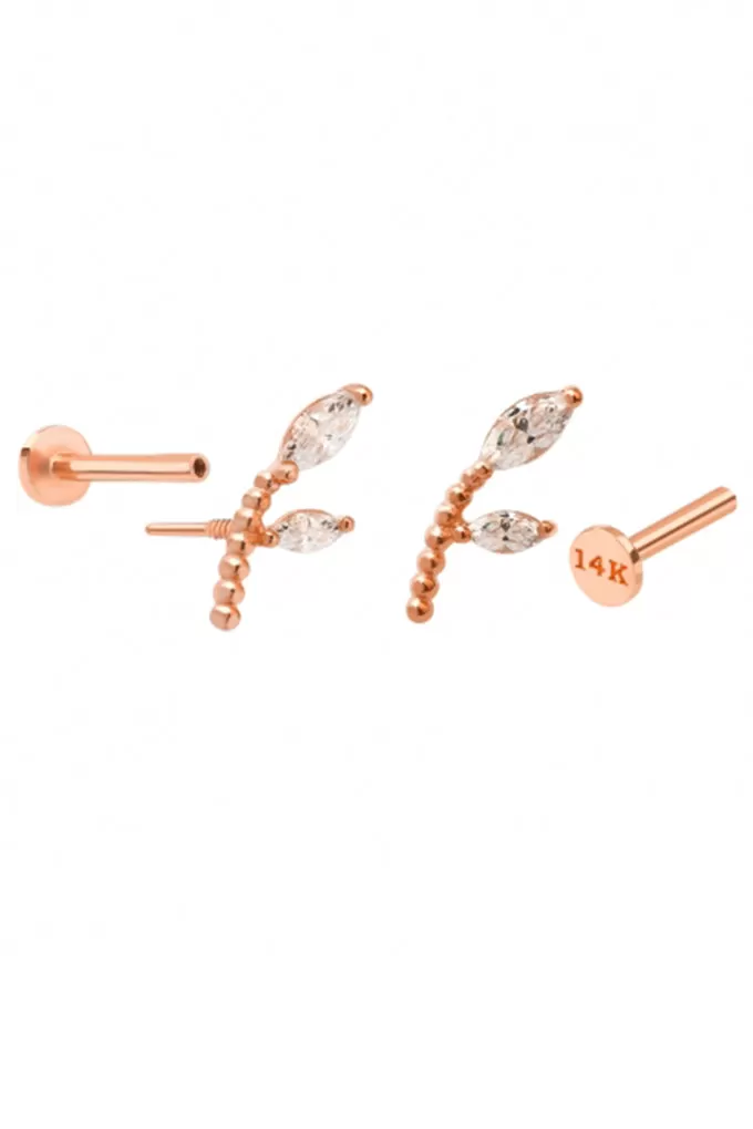 14k Gold Helix Tragus Inner Conch Cartilage Twig Flower Cz Internally Internal Threaded Earring Labret Piercing