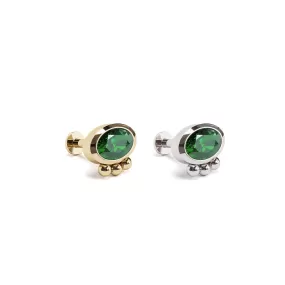 14K Gold Oval-Cut Emerald Beaded Stud