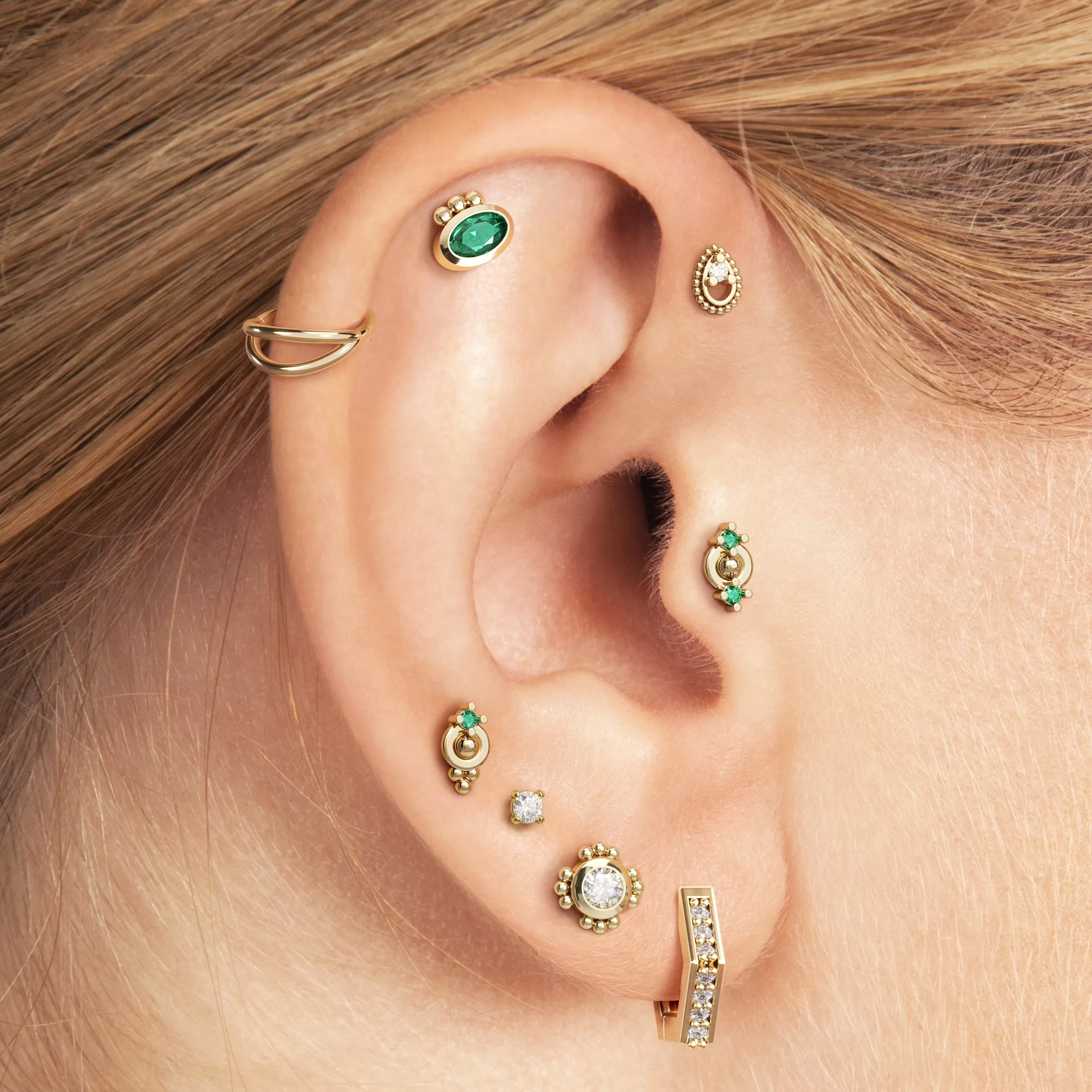 14K Gold Oval-Cut Emerald Beaded Stud