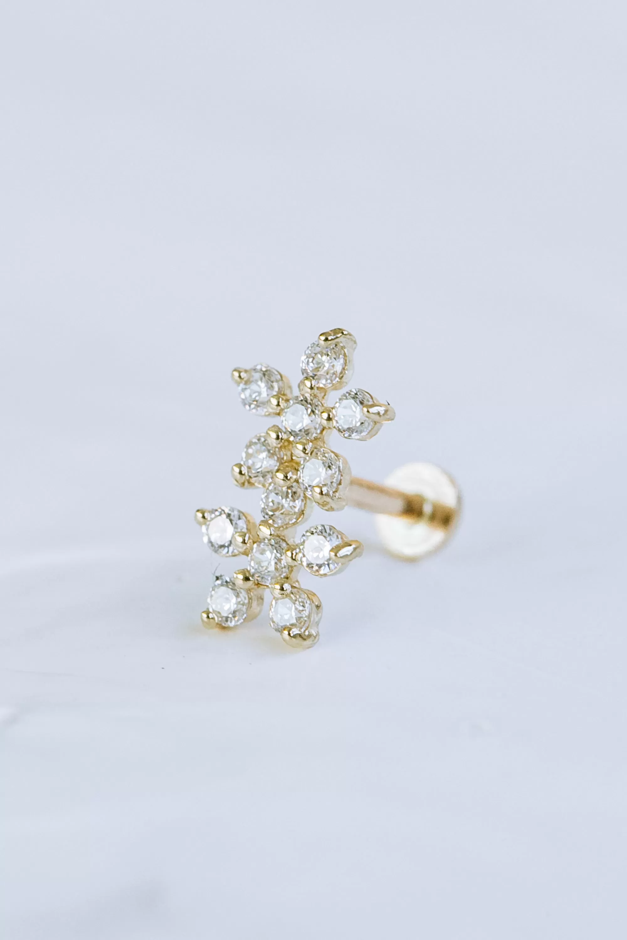 14K Solid Gold Cartilage Delicate Cz Double Daisy Flower Internally Internal Threaded Earring Labret