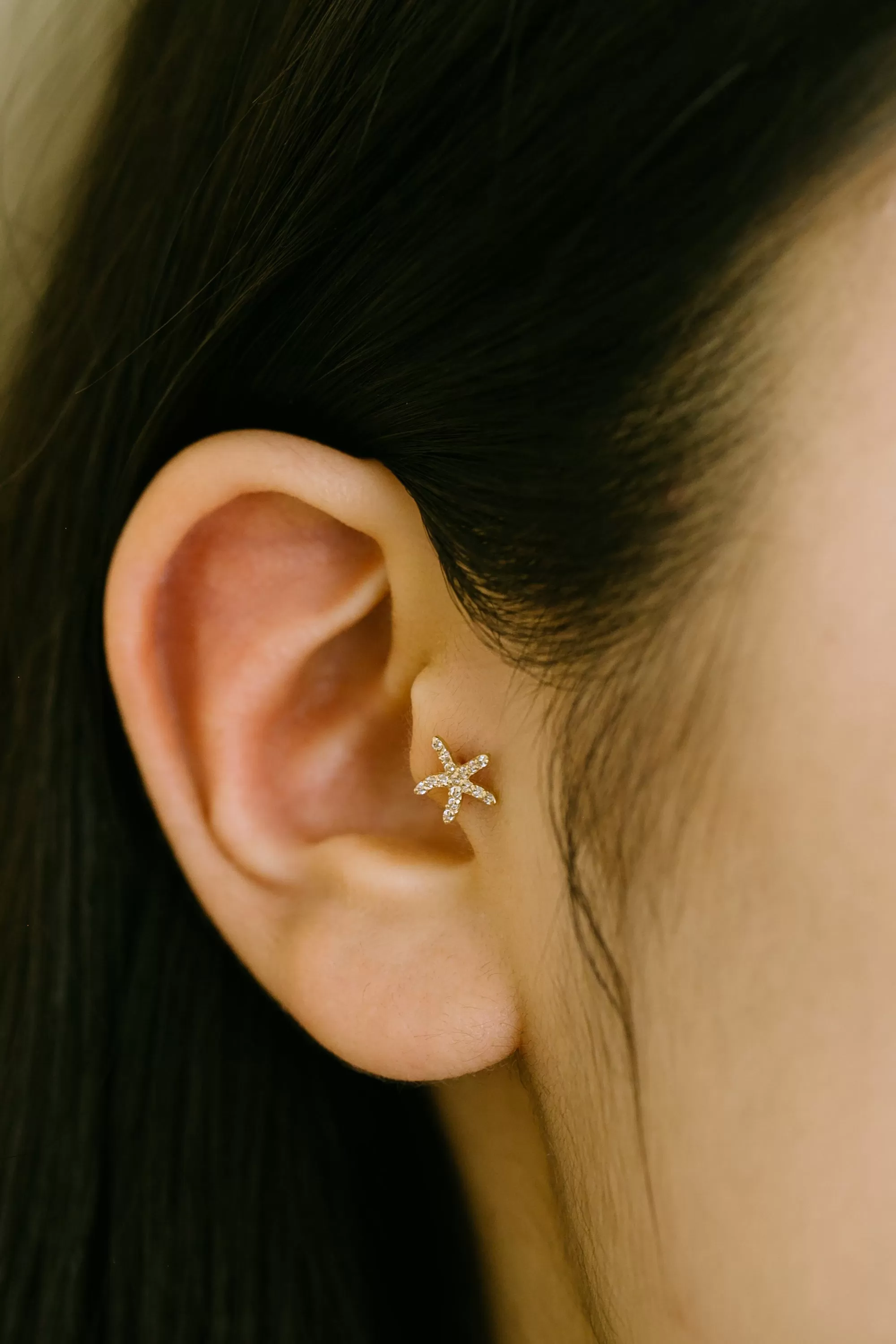 14K Solid Gold Cartilage Delicate Cz Starfish Internally Internal Threaded Earring Labret