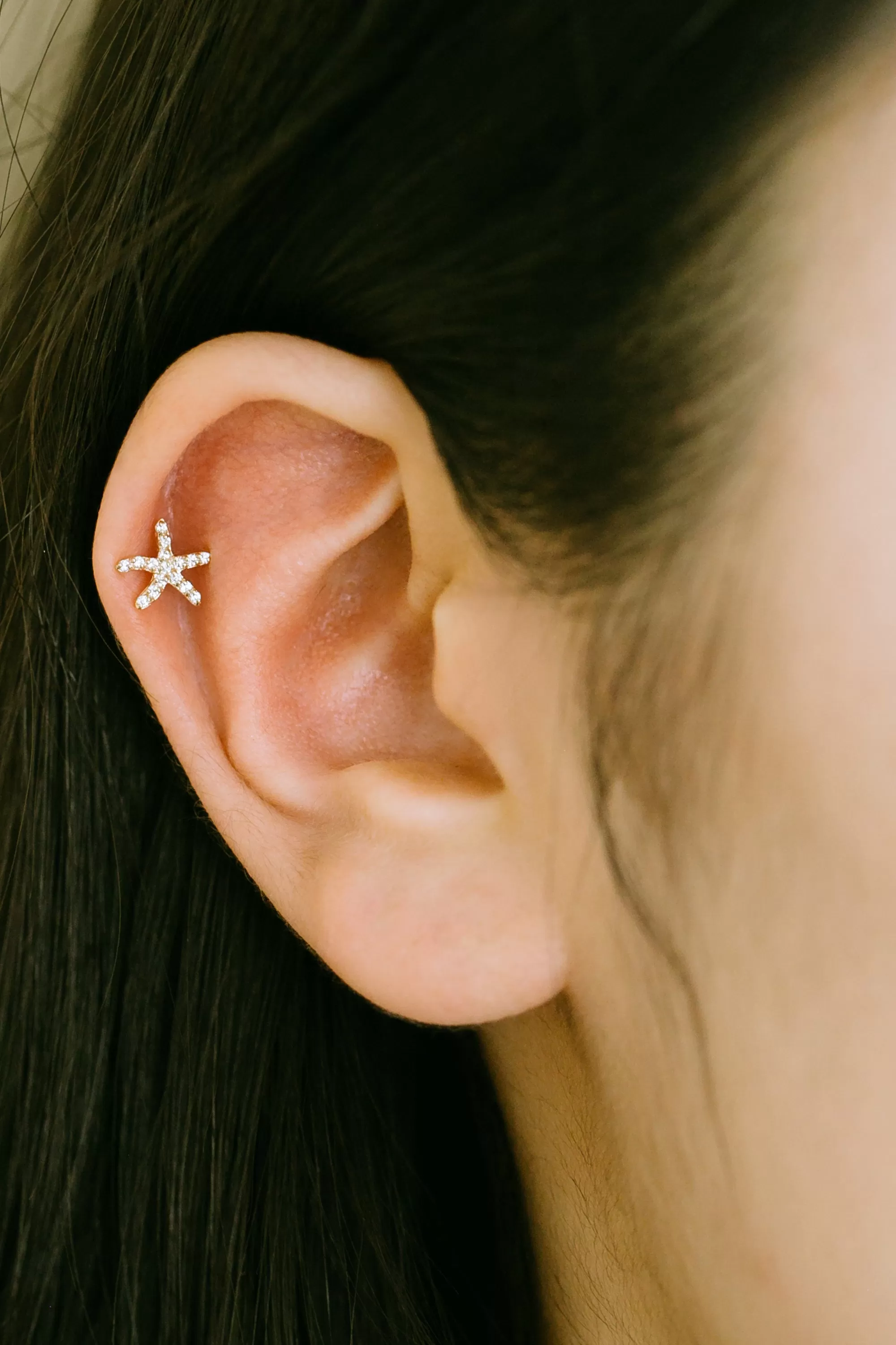 14K Solid Gold Cartilage Delicate Cz Starfish Internally Internal Threaded Earring Labret