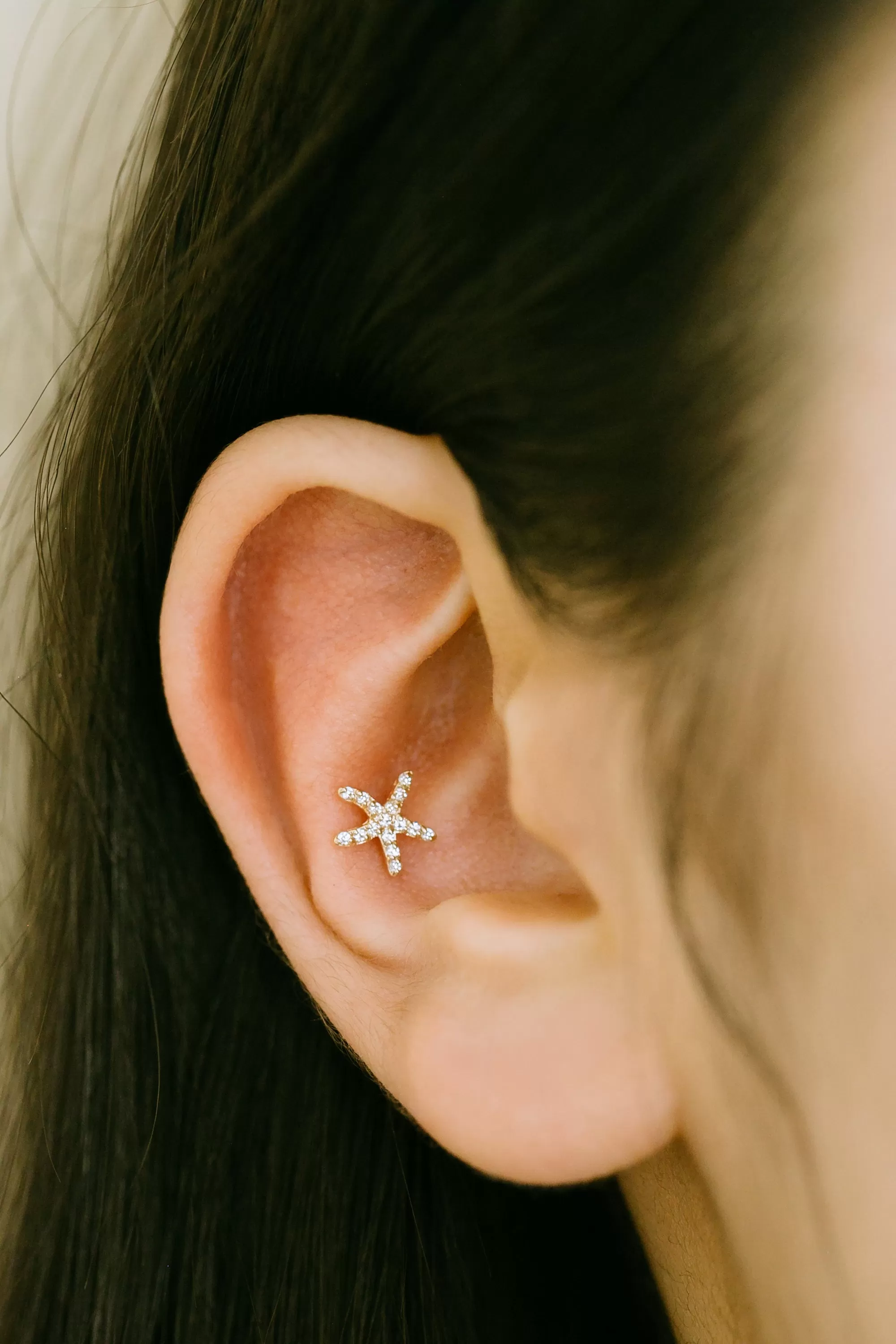 14K Solid Gold Cartilage Delicate Cz Starfish Internally Internal Threaded Earring Labret