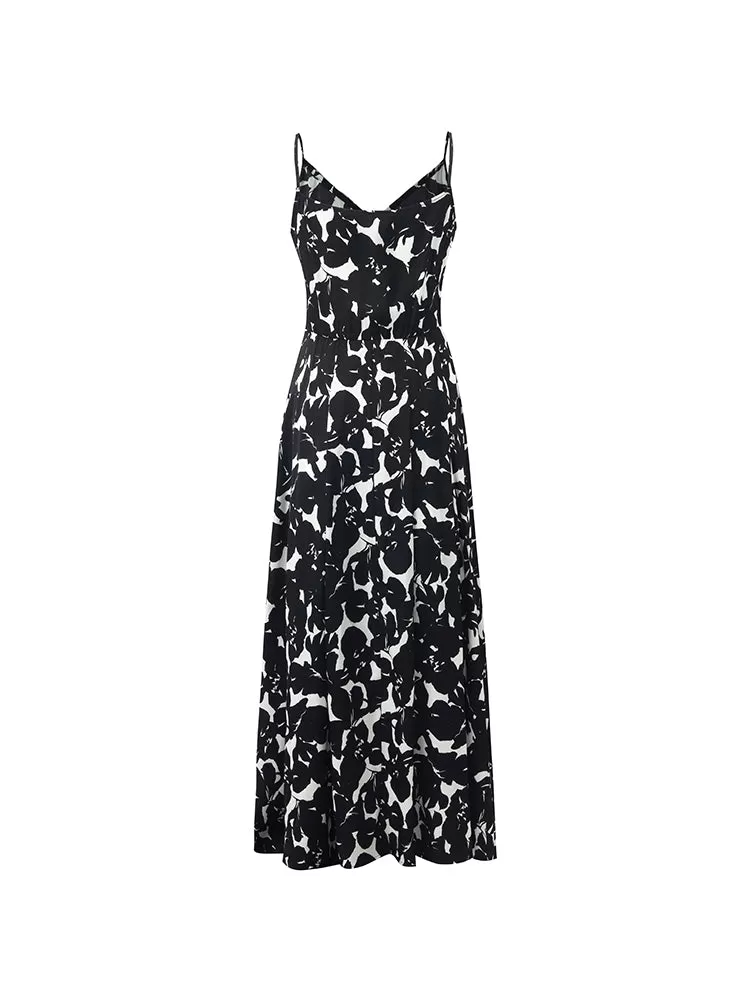 19 Momme Mulberry Silk Iris Printed Women Maxi Spaghetti Strap Dress With Scrunchie