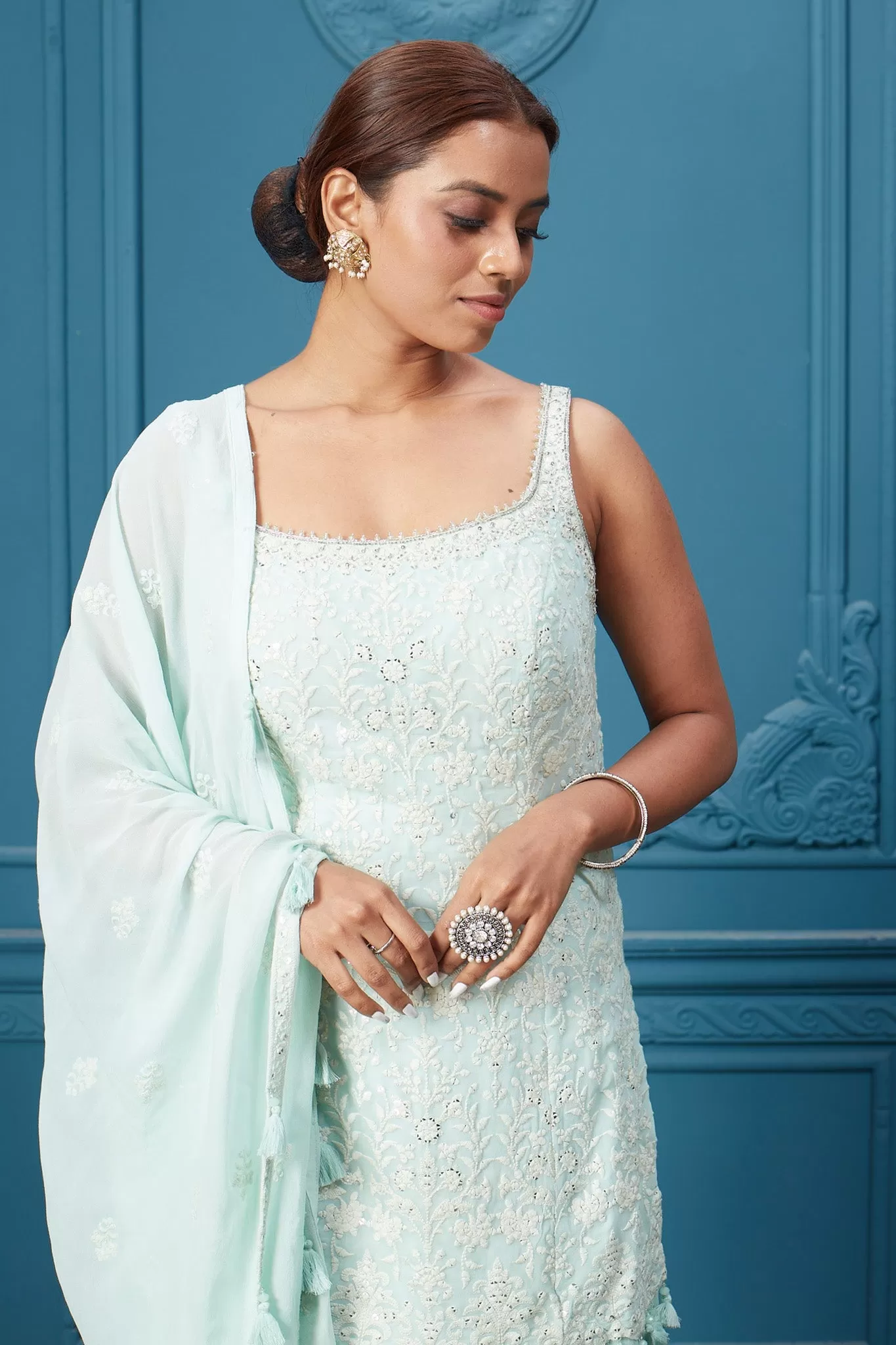 510033 Light Blue Suit Set With Tassel Dupatta