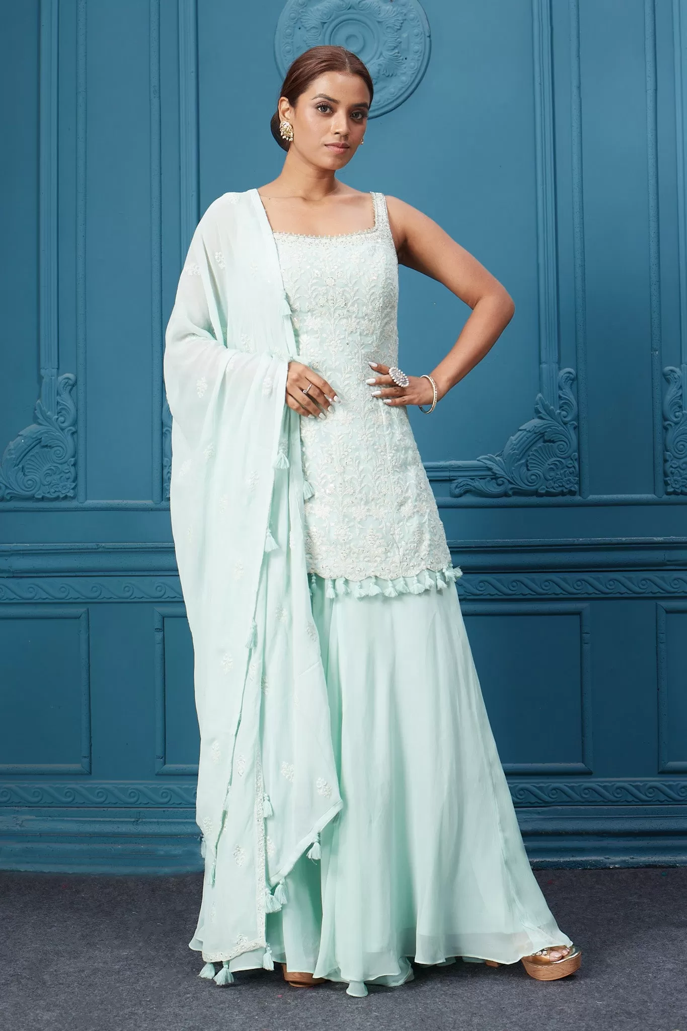 510033 Light Blue Suit Set With Tassel Dupatta