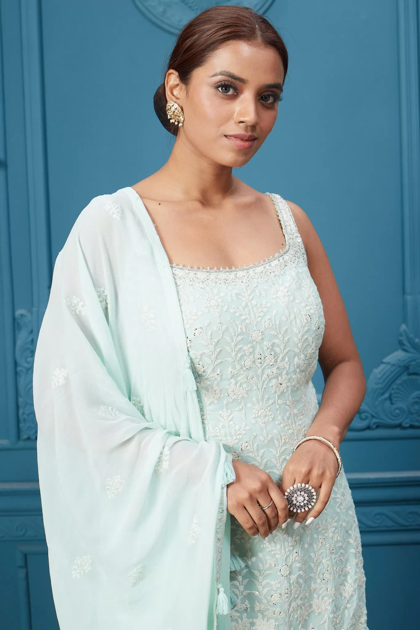 510033 Light Blue Suit Set With Tassel Dupatta