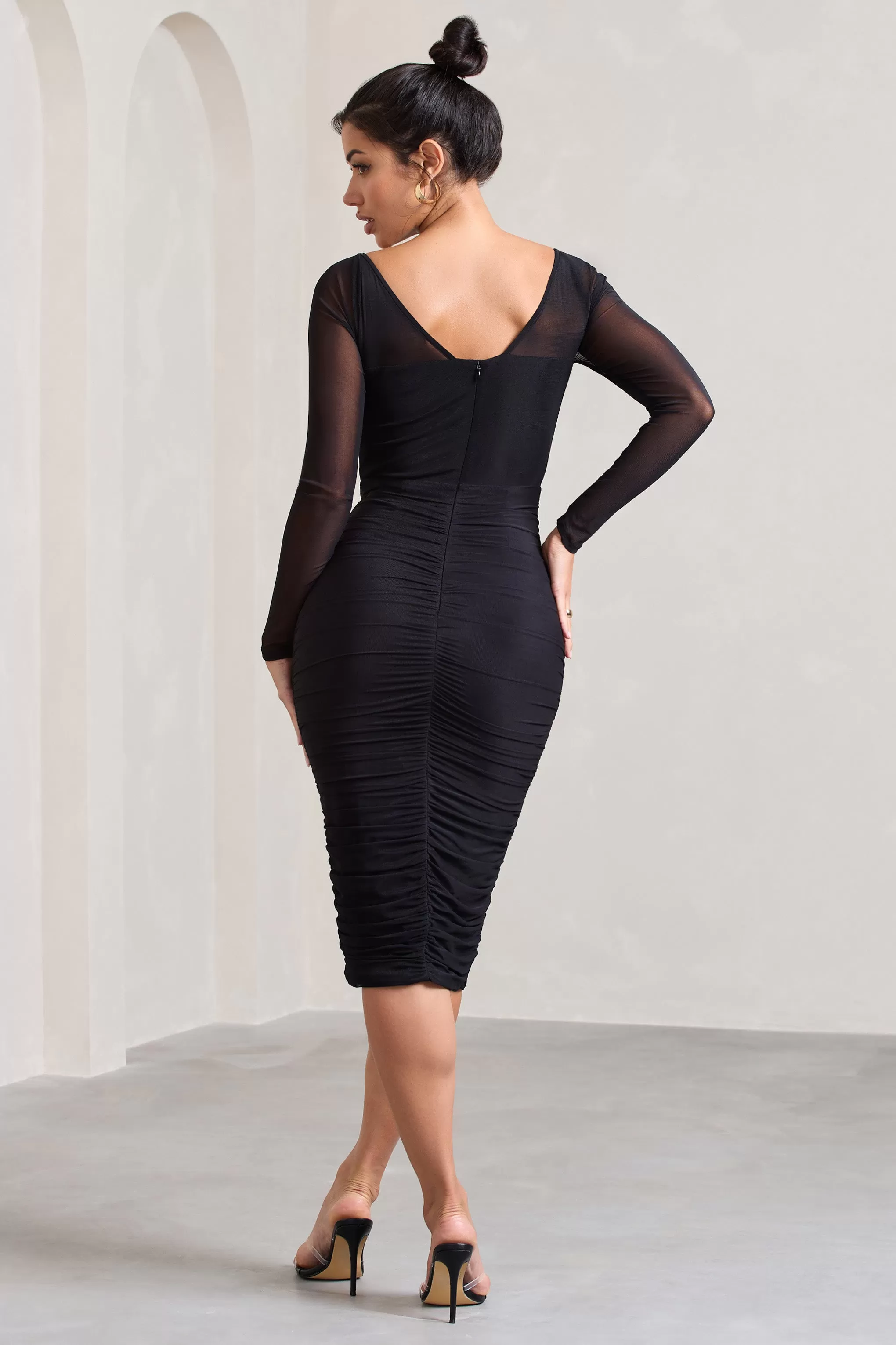 Abiba | Black Ruched Front Corset Midi Dress With Long Sleeves