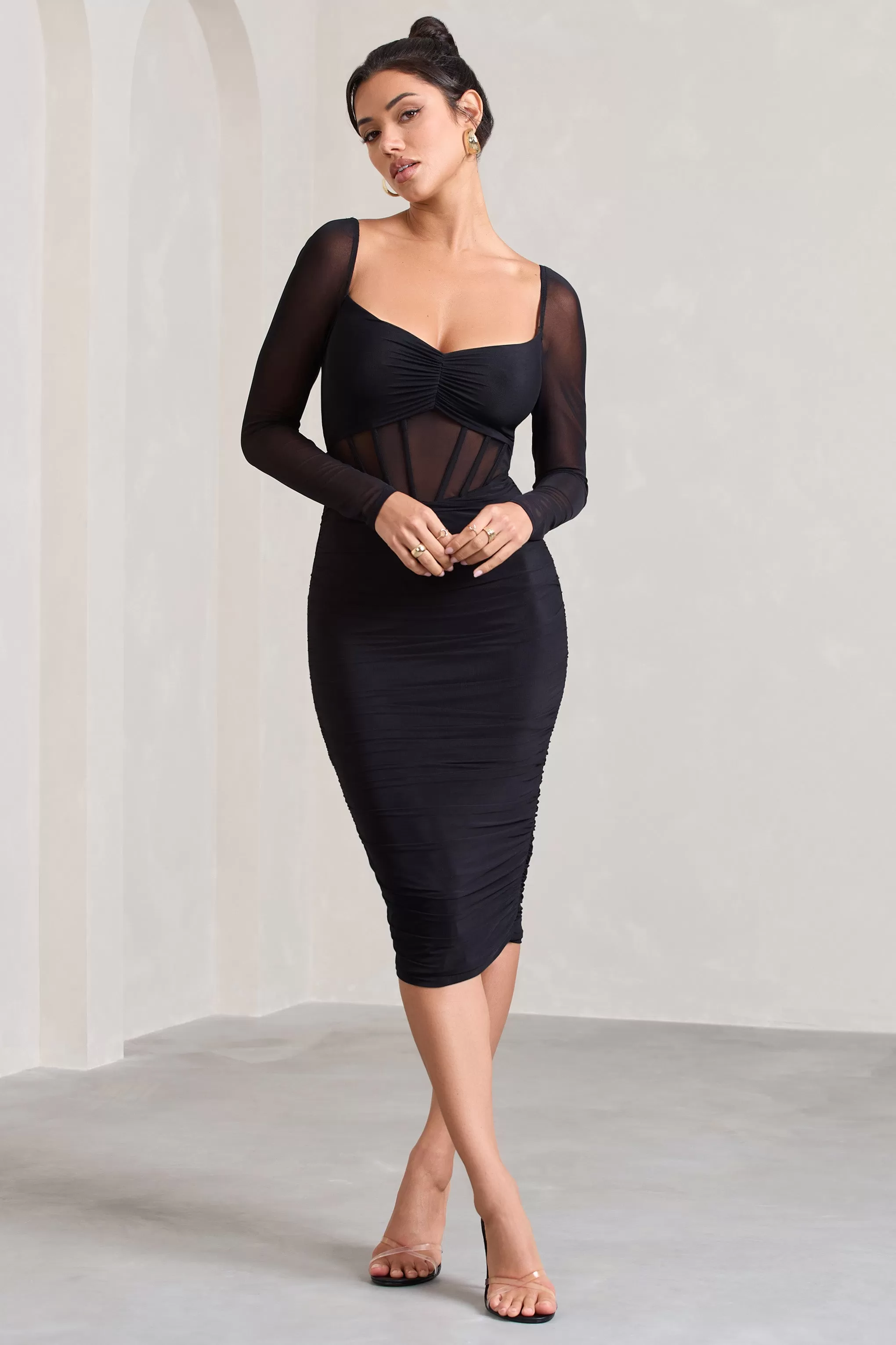 Abiba | Black Ruched Front Corset Midi Dress With Long Sleeves