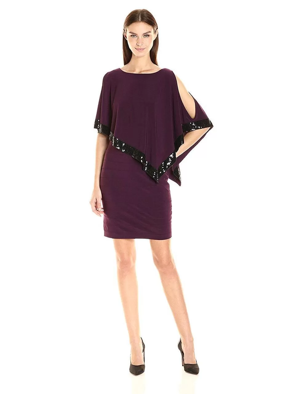 Adrianna Papell - AP1D100418 Sequin Trim Capelet Banded Sheath Dress