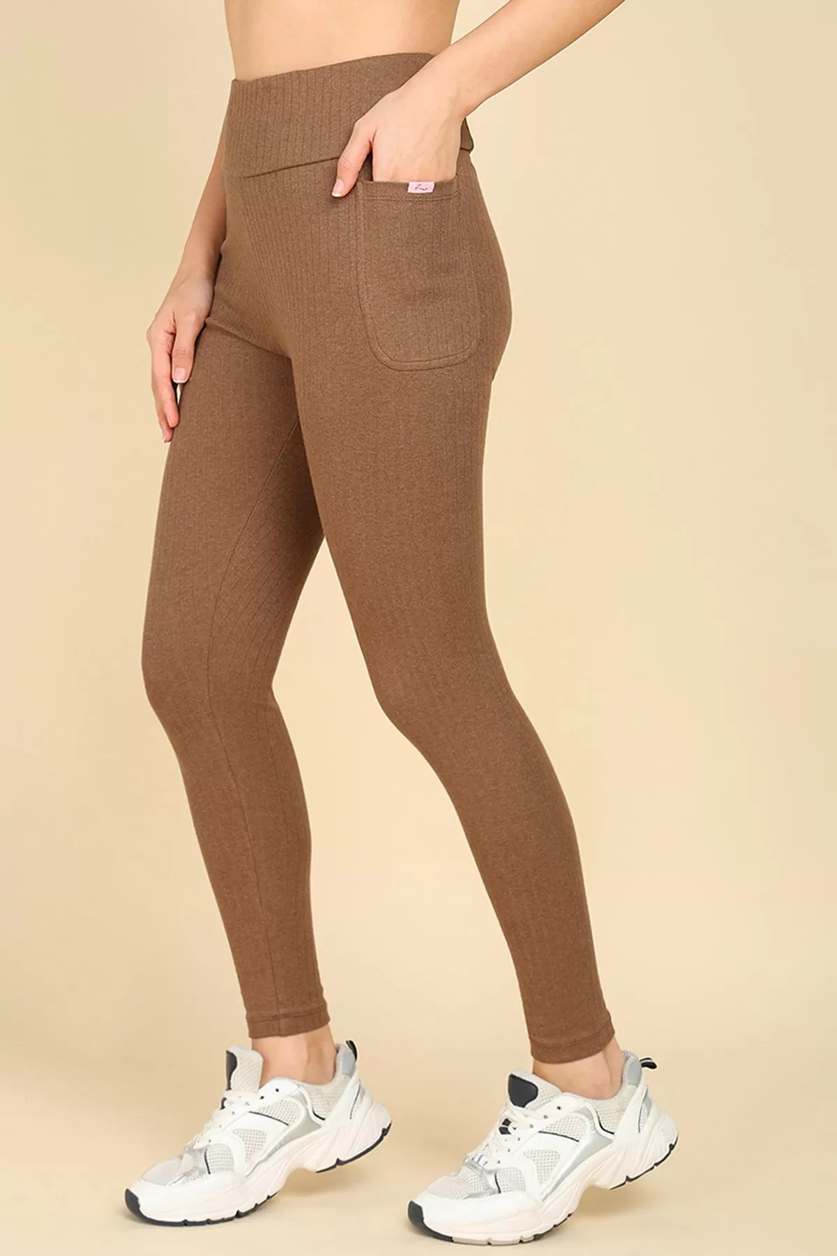 All Over Ribbed Cotton Melange Brown Mom Legging