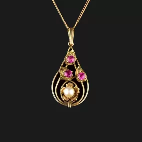 Antique 10K Gold Ruby Pearl Pendant Necklace