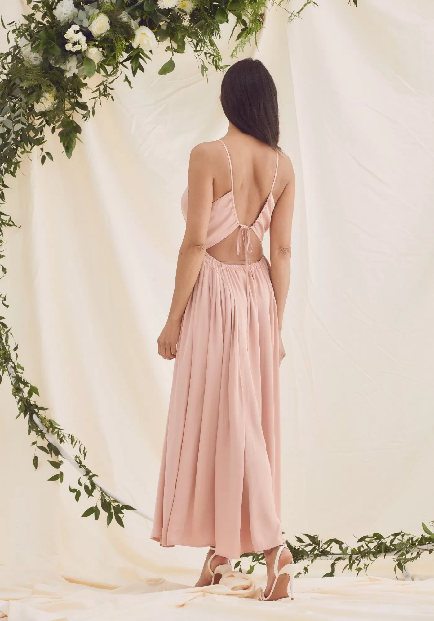 Arabella Gathered Tie Back Satin Midi Dress - Rose Pink