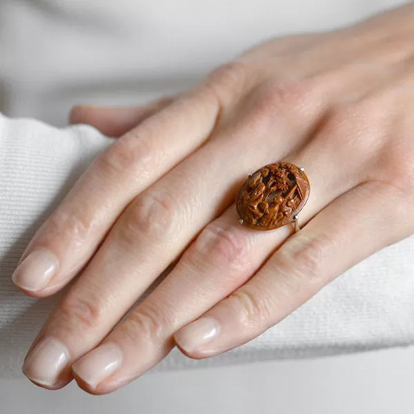 Art Deco Chinese Sterling & Hand Carved Peach Pit Ring