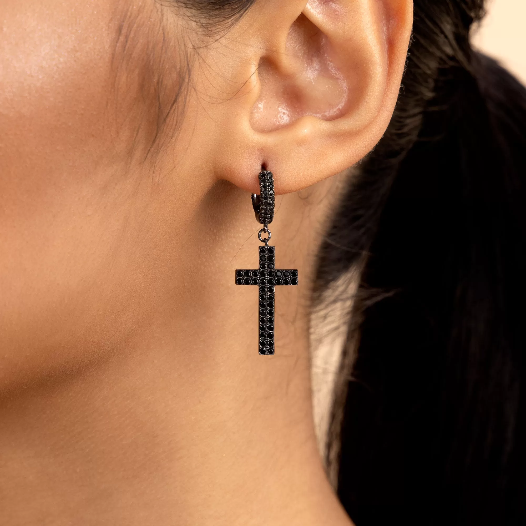 Asymmetric Cross And Iced Hoop Black Earrings