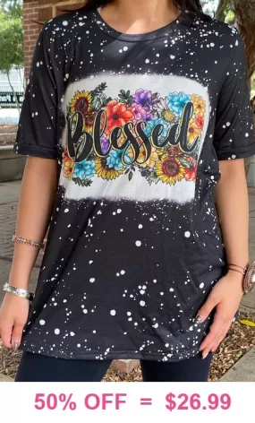 Black Bleached BLESSED Floral Graphic Tee