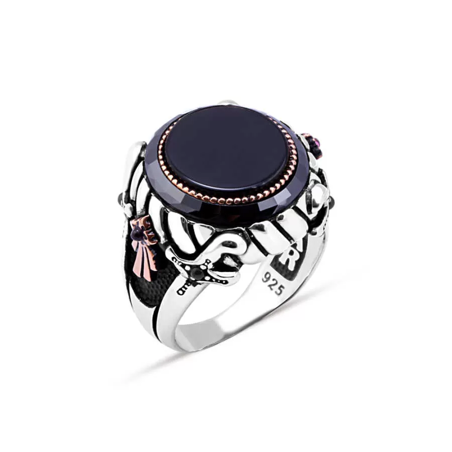 Black Circle Onyx Stone with Rim Around Silver Men's Ring Siding Double Sword and Ribbon