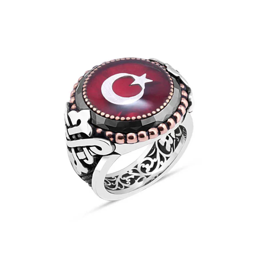 Black Onyx Rim Around Enameled Turkish Flag Circle Silver Men's Ring Siding Triangular Braid