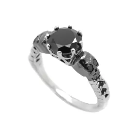 Black Round Gem Sterling Silver Gothic Skull Engagement Ring, Skull Wedding ring, Skeleton Simple Ring