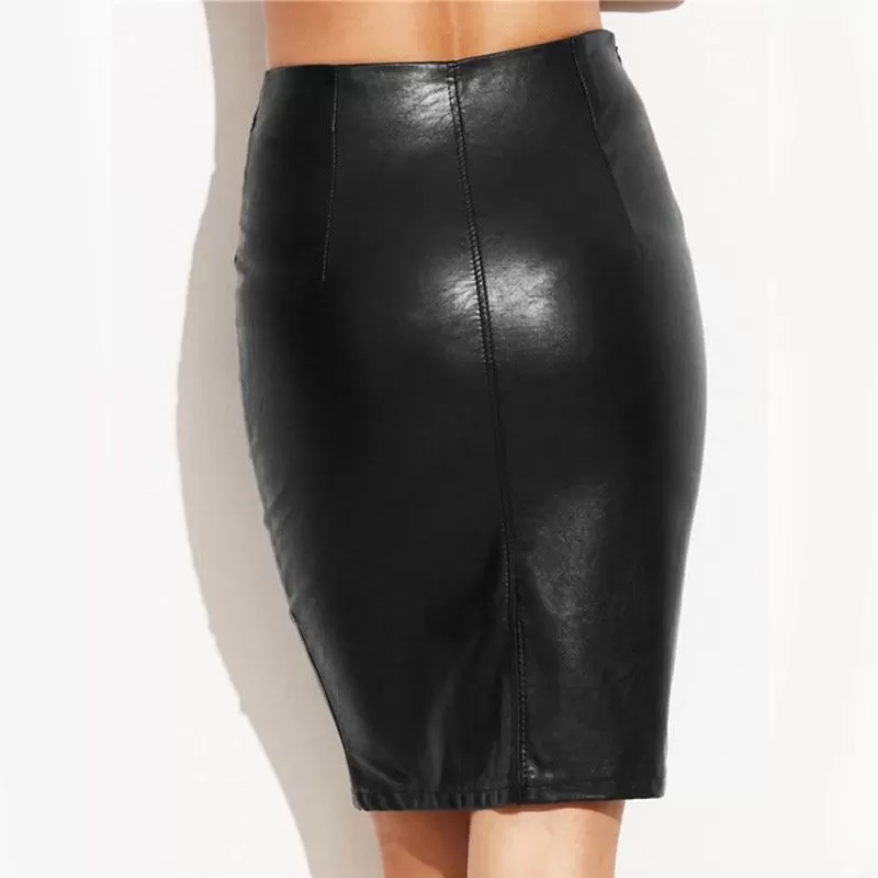 Black Skinny Pencil Punk Street  Bodycon Leather Skirt