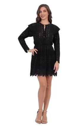 Black Zig-Zag Lace Mini Dress With Sleeves