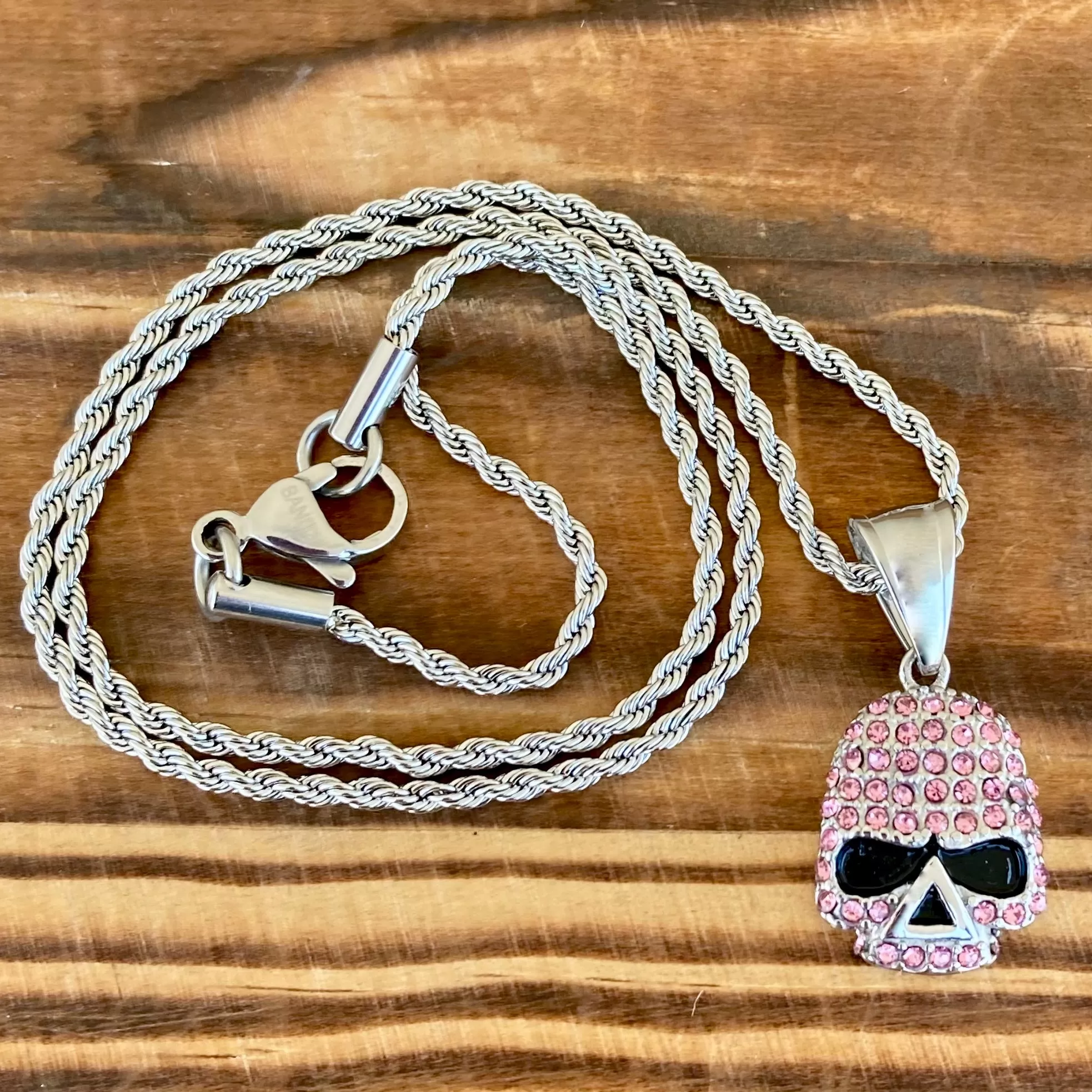 Bling Skull - Mini Pendant - Pink Stone - Rope Necklace or Omega - 2596M