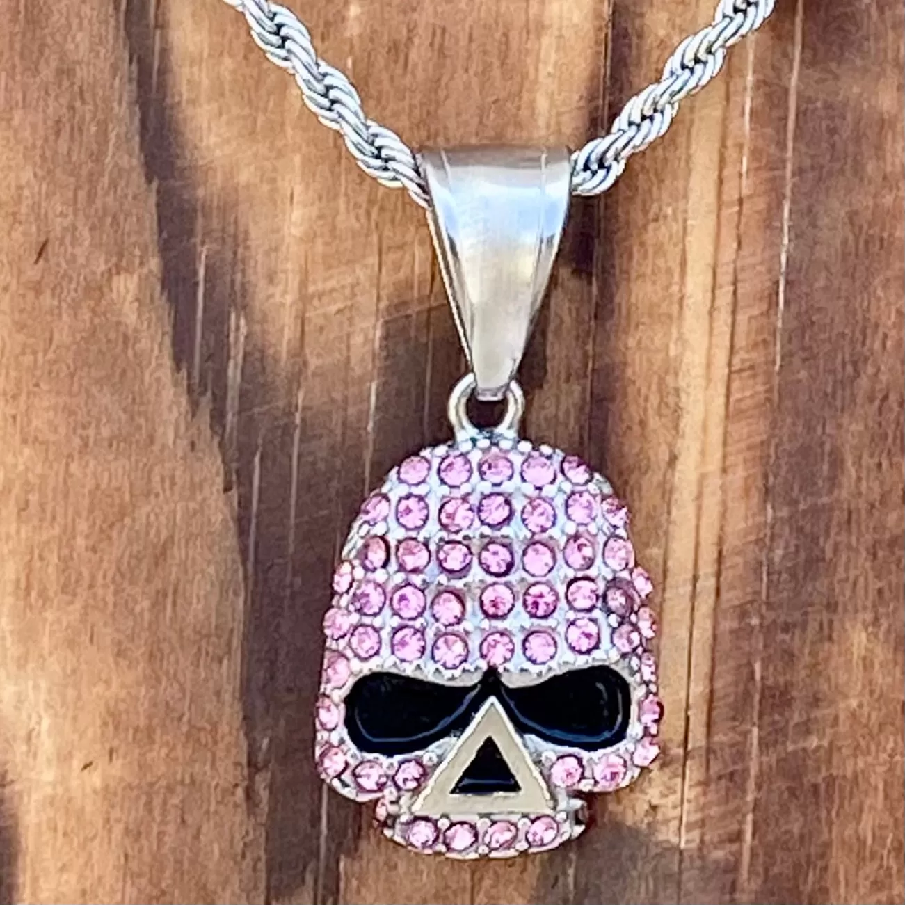 Bling Skull - Mini Pendant - Pink Stone - Rope Necklace or Omega - 2596M