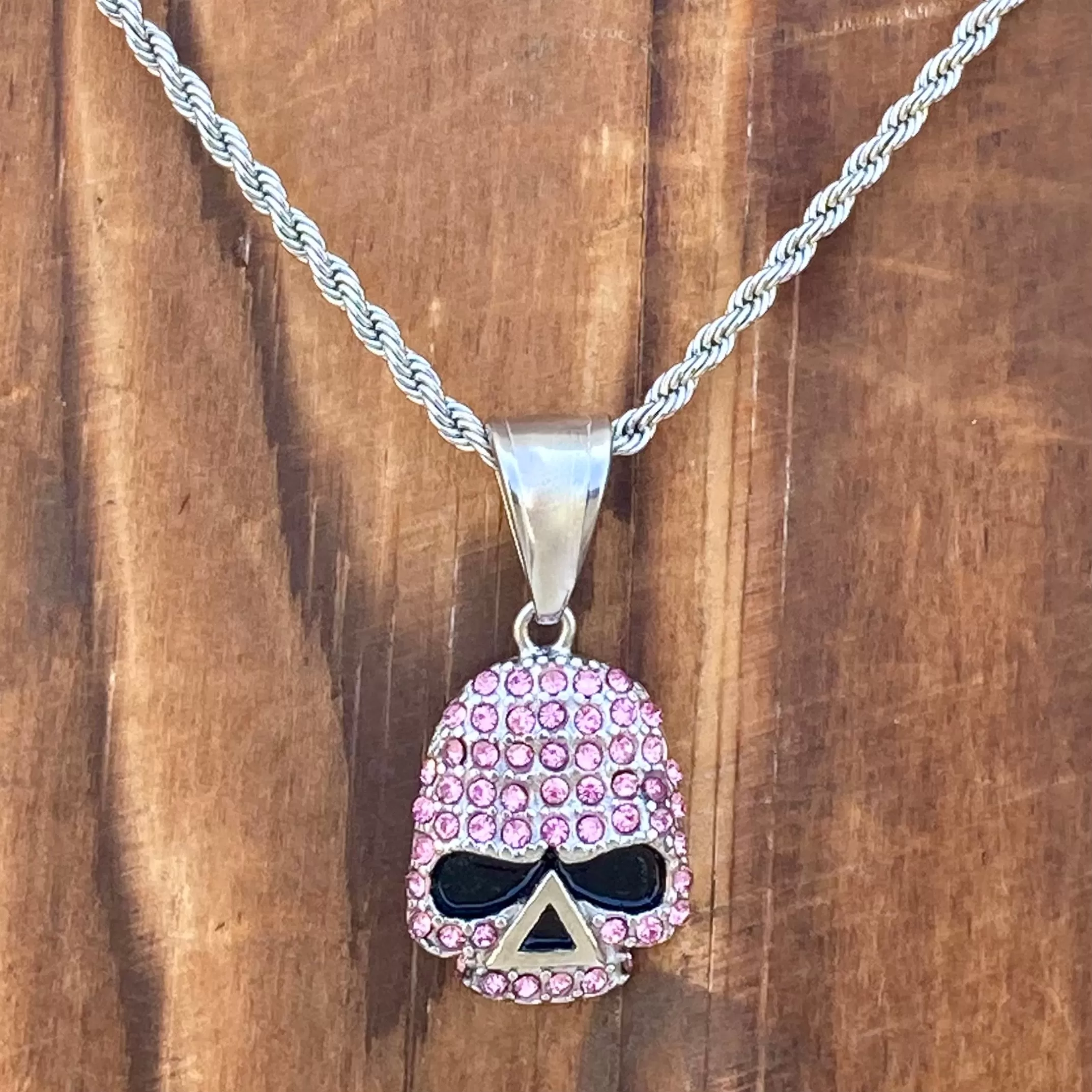 Bling Skull - Mini Pendant - Pink Stone - Rope Necklace or Omega - 2596M