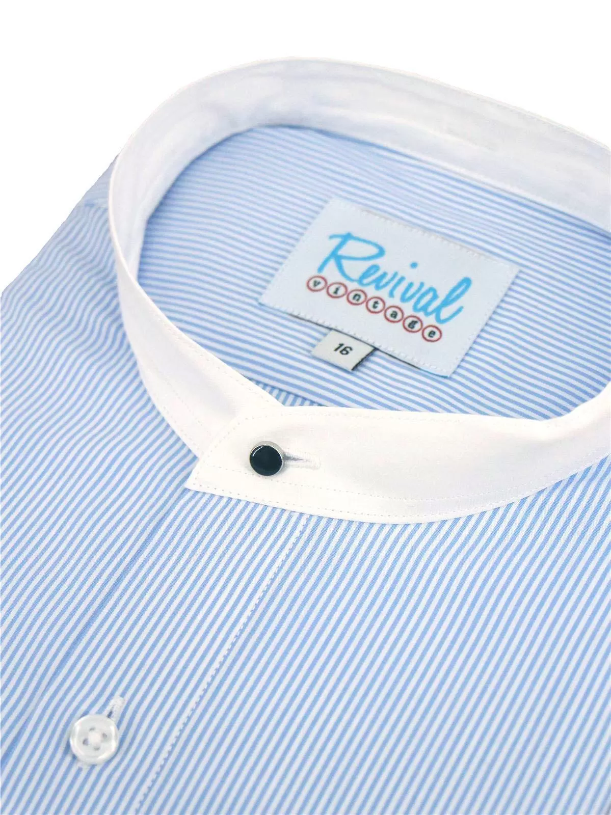 Blue Stripe Collarless Grandad Shirt with Detachable Spearpoint Collar