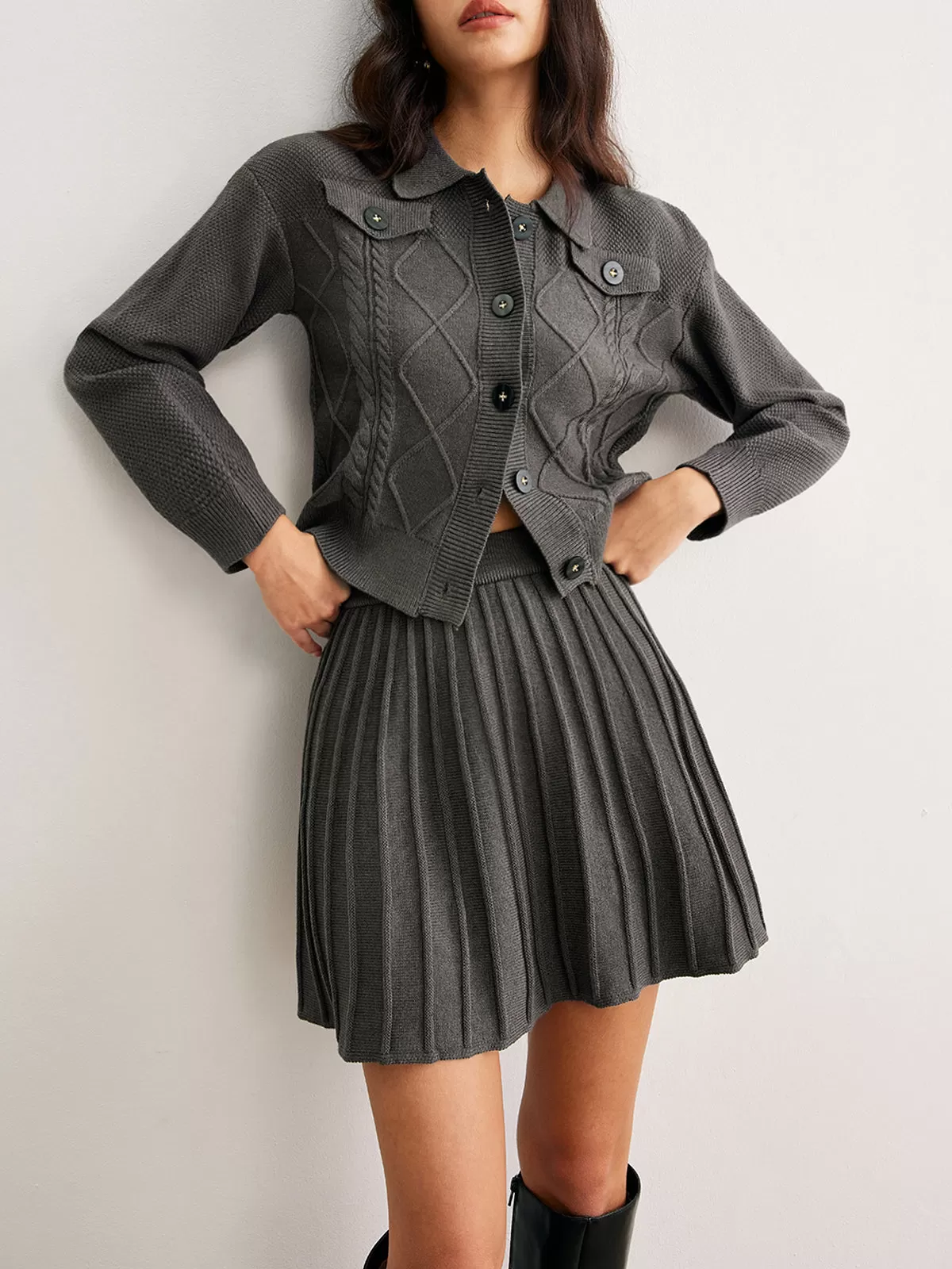 Cable-Knit Pleated Skirt Set