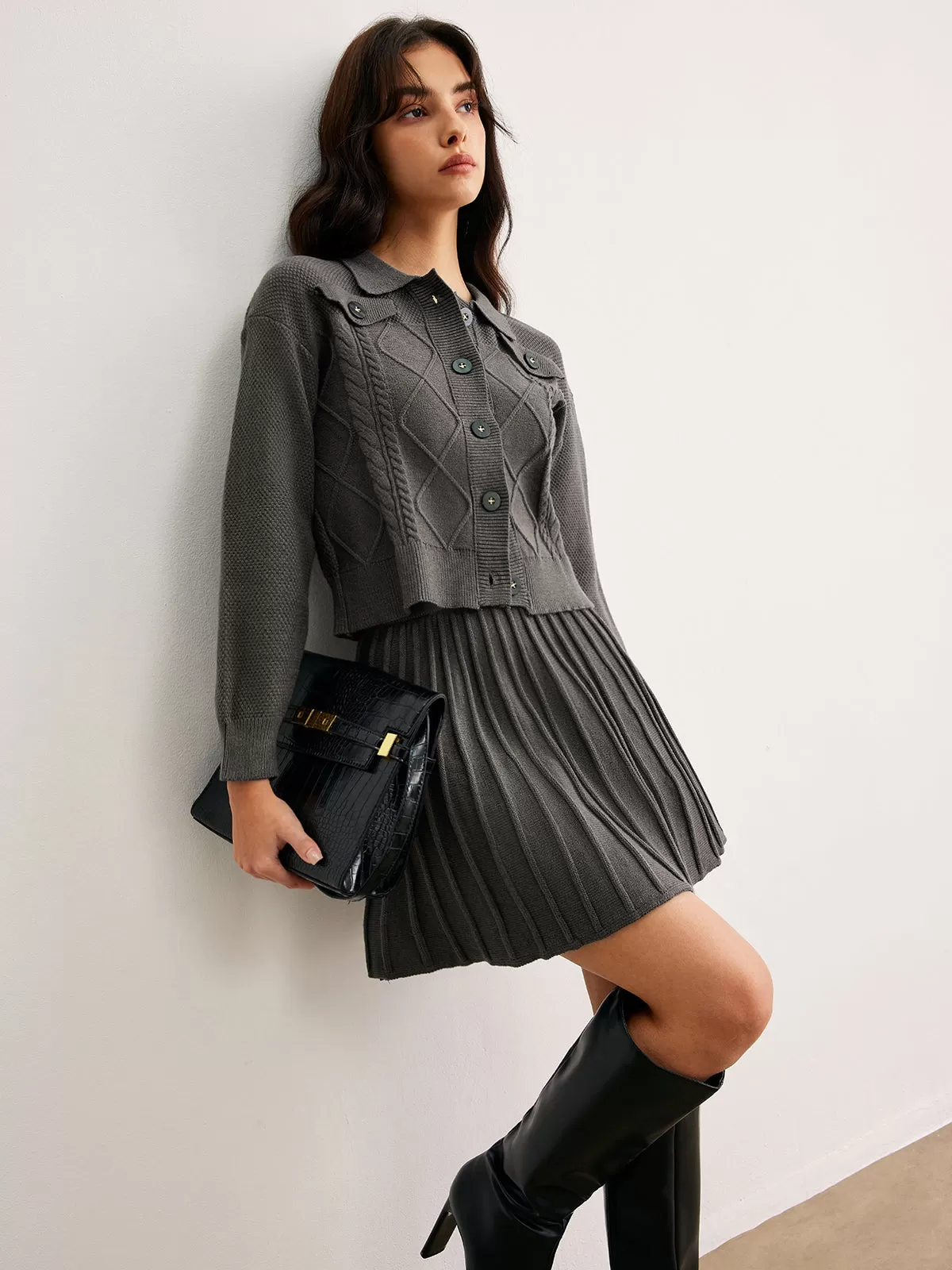 Cable-Knit Pleated Skirt Set