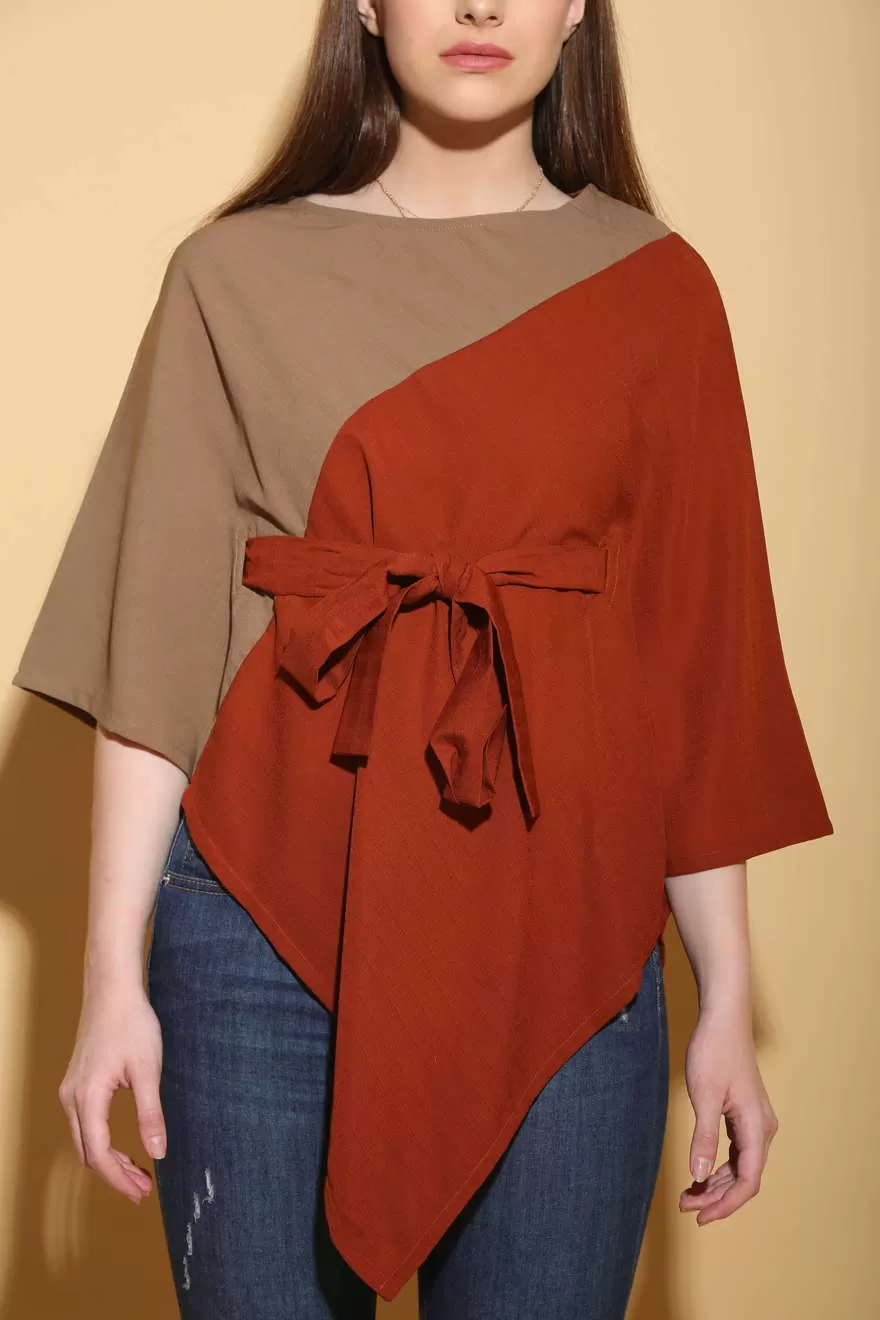 Colour Block Linen Poncho