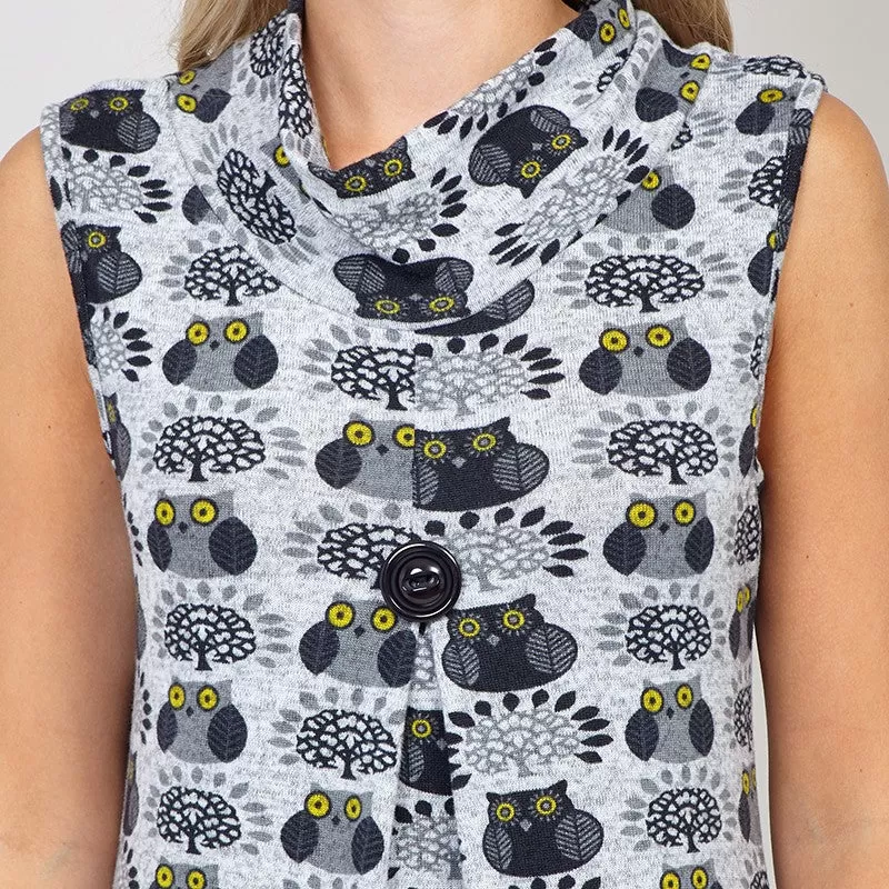 Cowl Neck Sleeveless Owl Knit