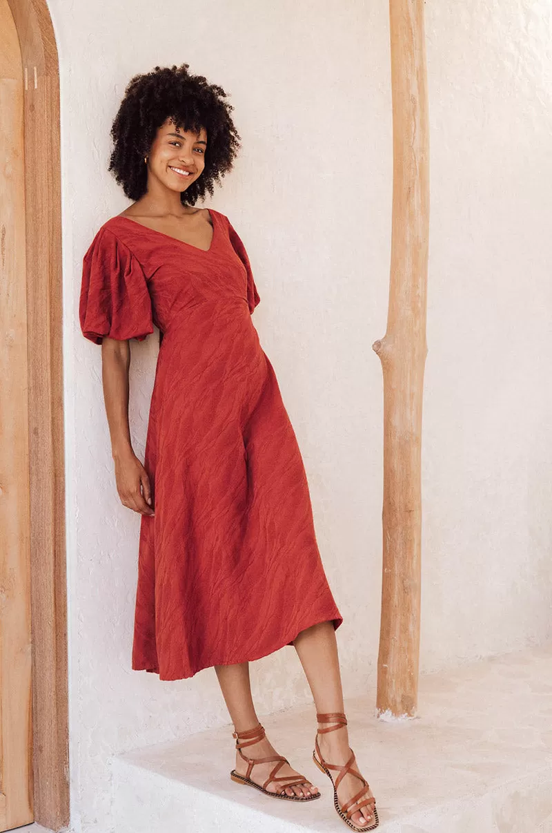 DAYDREAM Midi Dress - warm red cotton blend