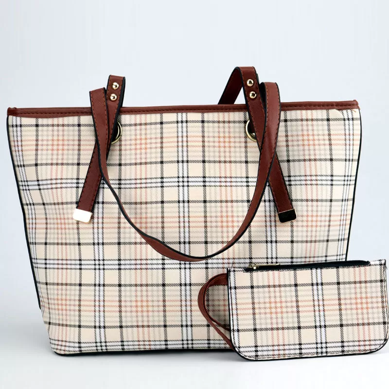 Designer Plaid Tote Bag with Hand Pouch