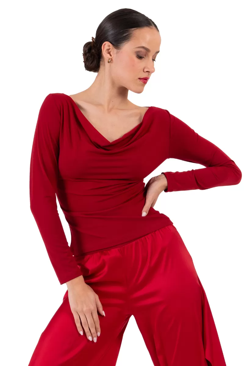 Draped Neckline Long Sleeve Top (S,L)