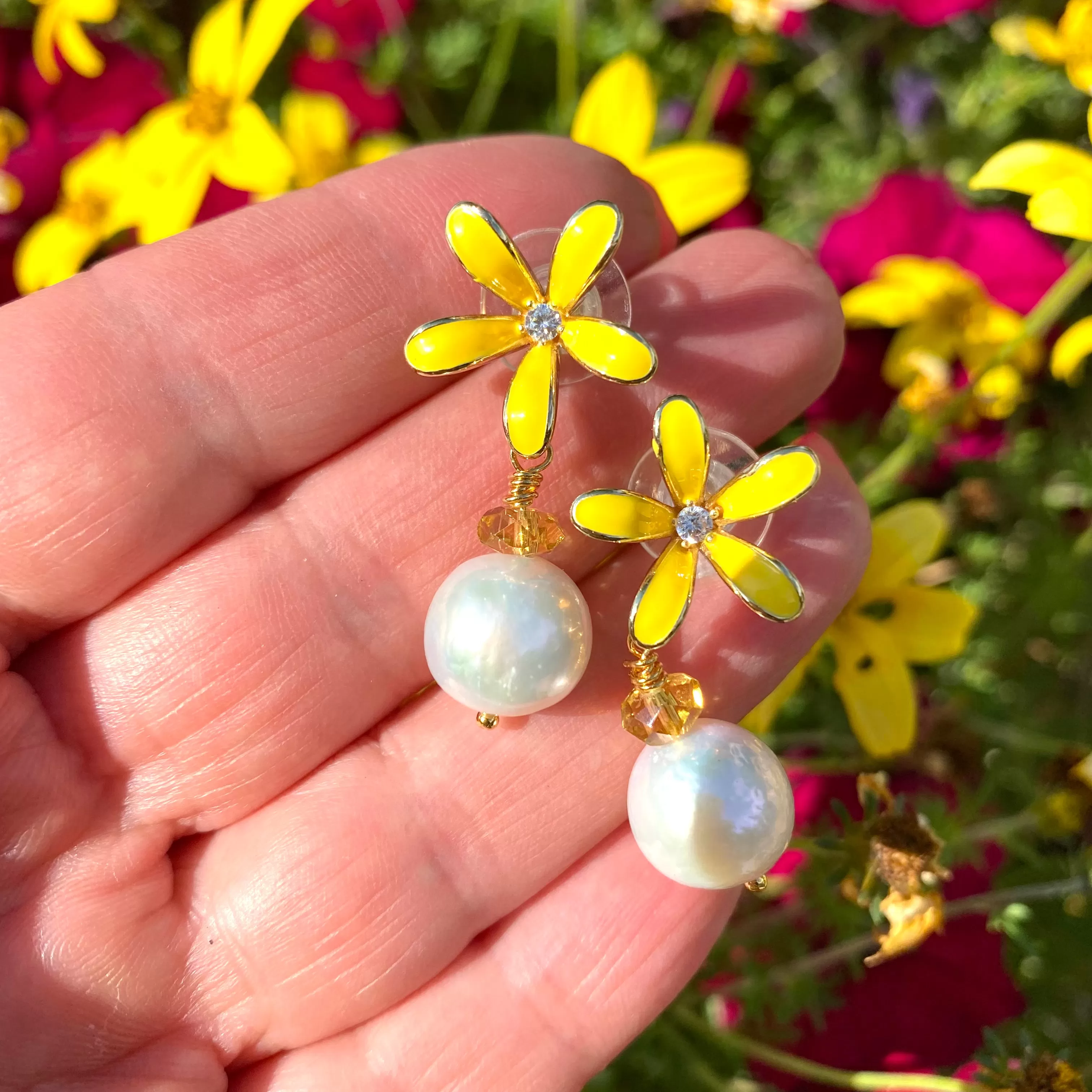 Edison White Pearls and Citrine Drop Earrings, Yellow Enamel & Gold Plated Flower Studs