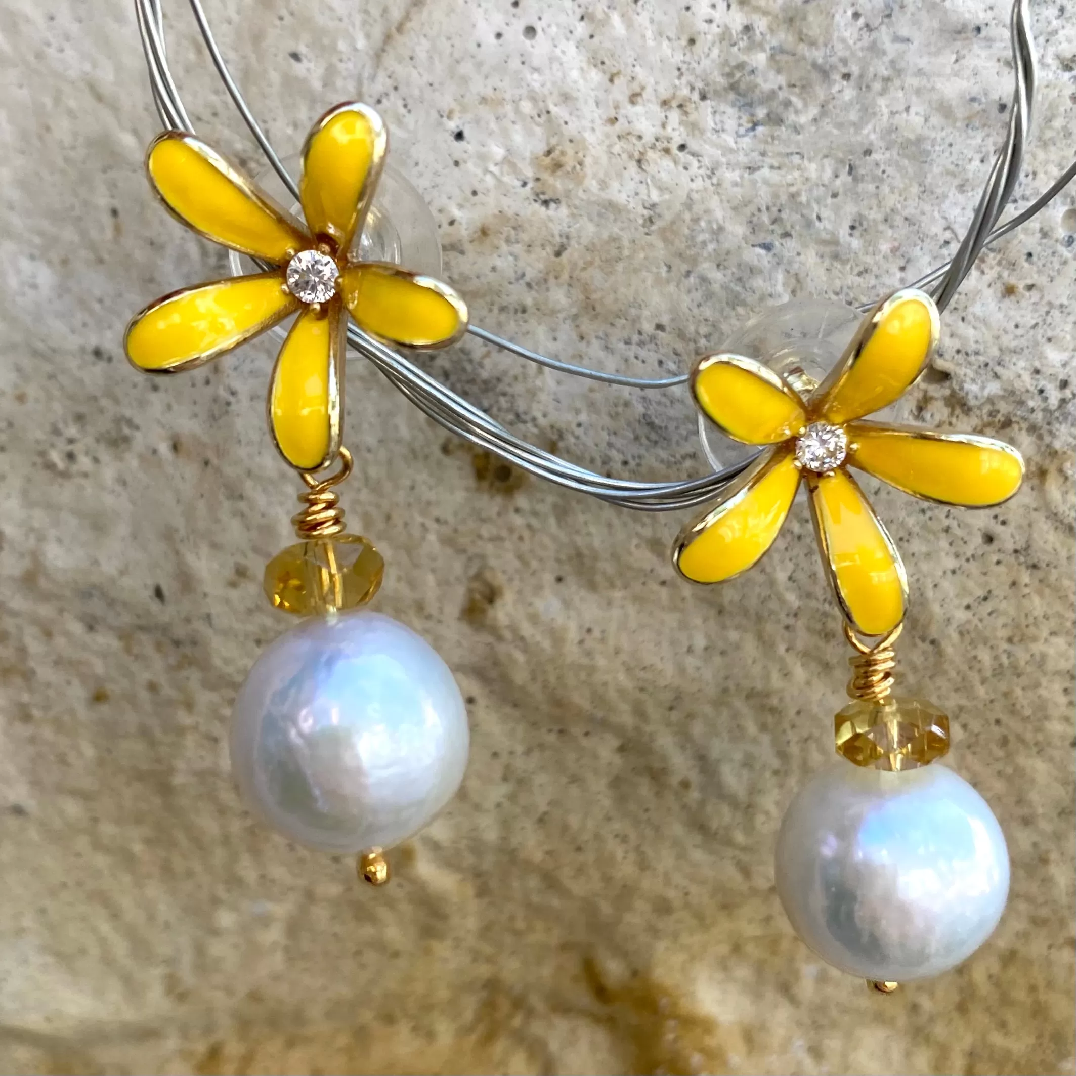 Edison White Pearls and Citrine Drop Earrings, Yellow Enamel & Gold Plated Flower Studs