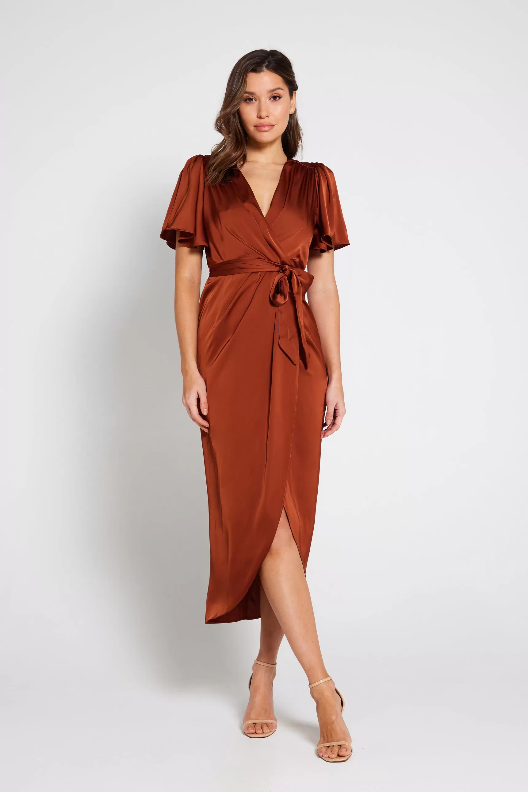 Elena Short Sleeve Wrap Dress - Rust