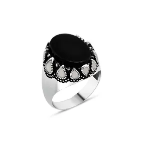 Ellipse Black Onyx Stone Silver Men's Ring with White Teardrops