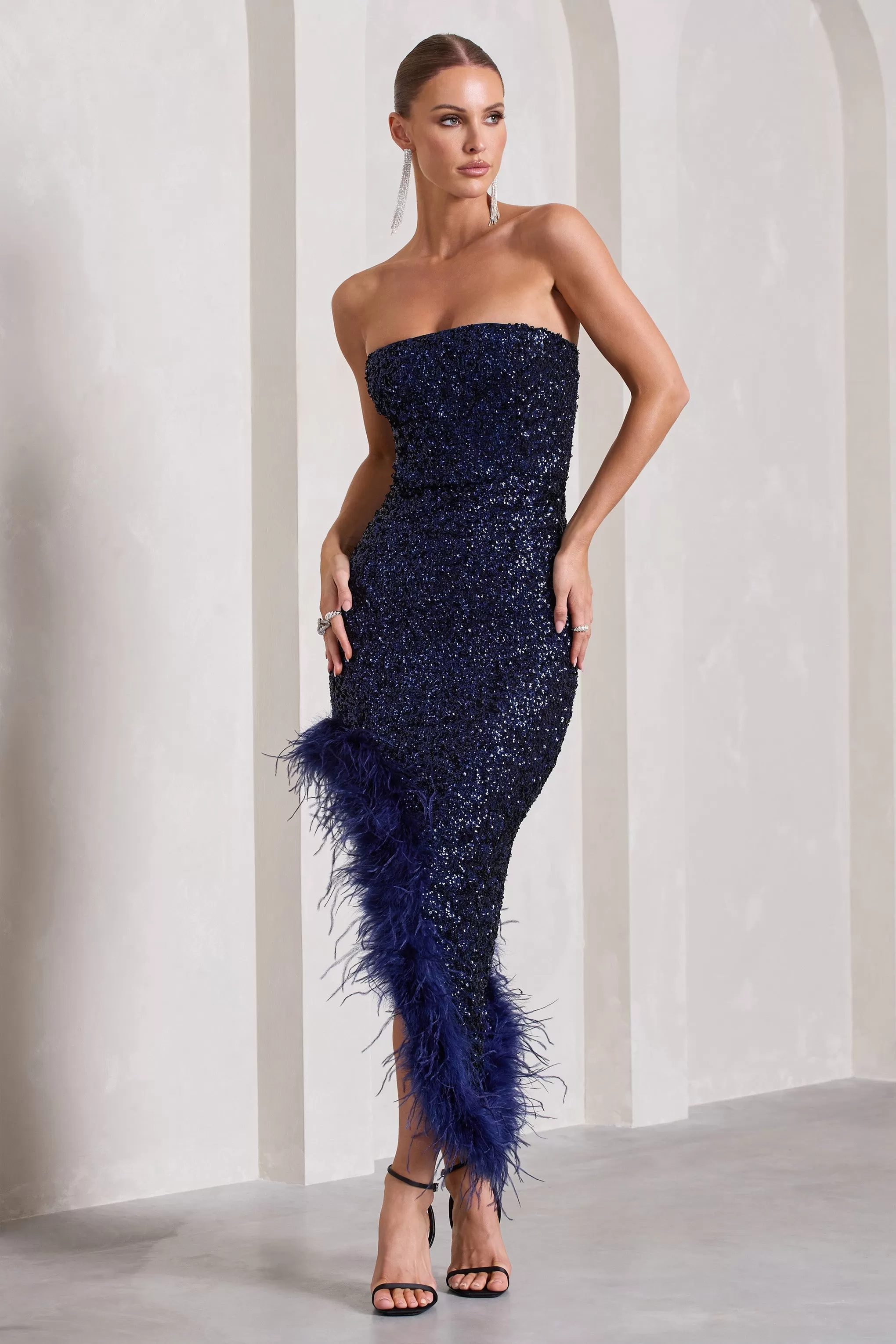 Emulate | Navy Sequin Asymmetric Bandeau Maxi Dress With Feathers