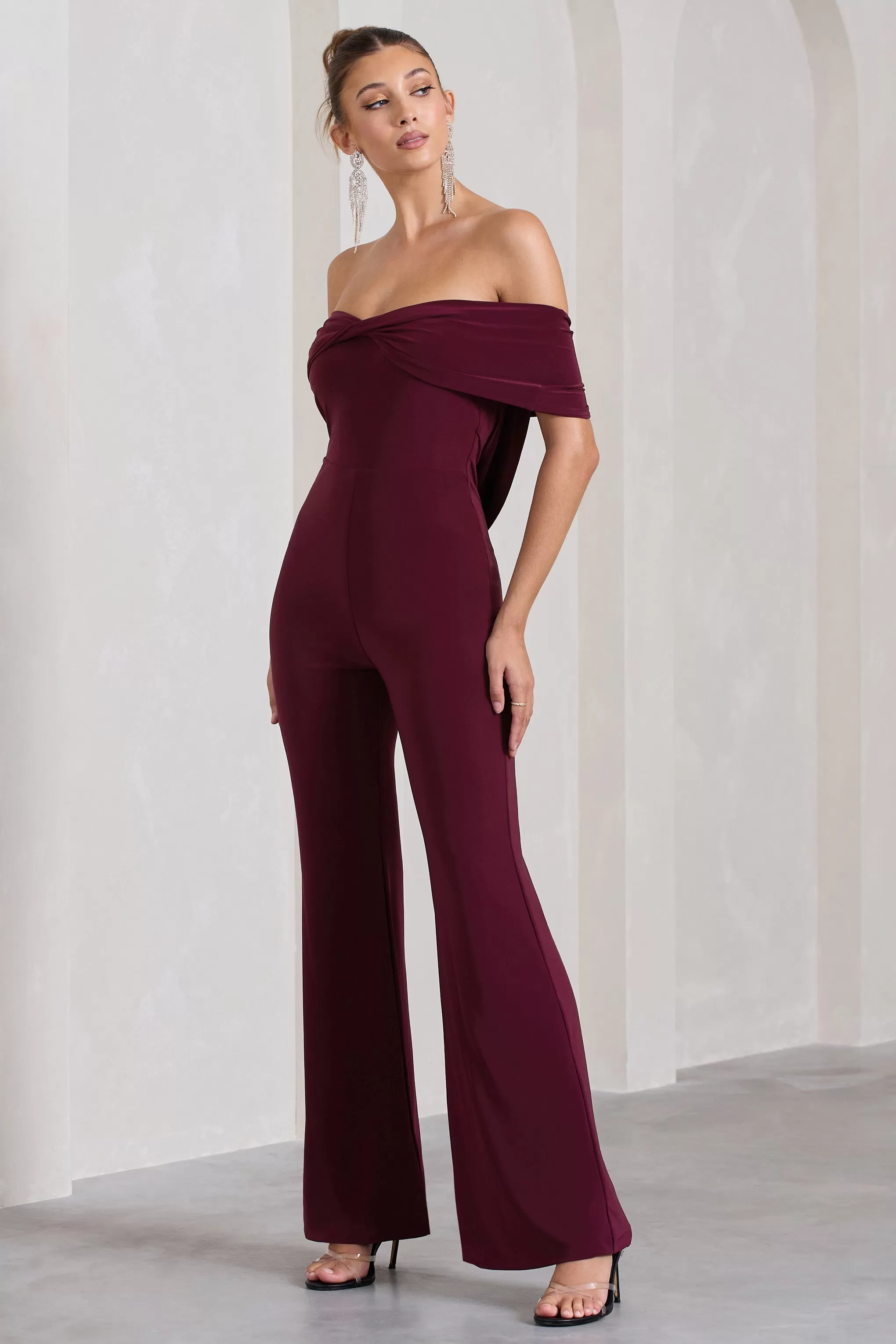 Gemma | Burgundy Bardot Open-Back Flared-Leg Jumpsuit