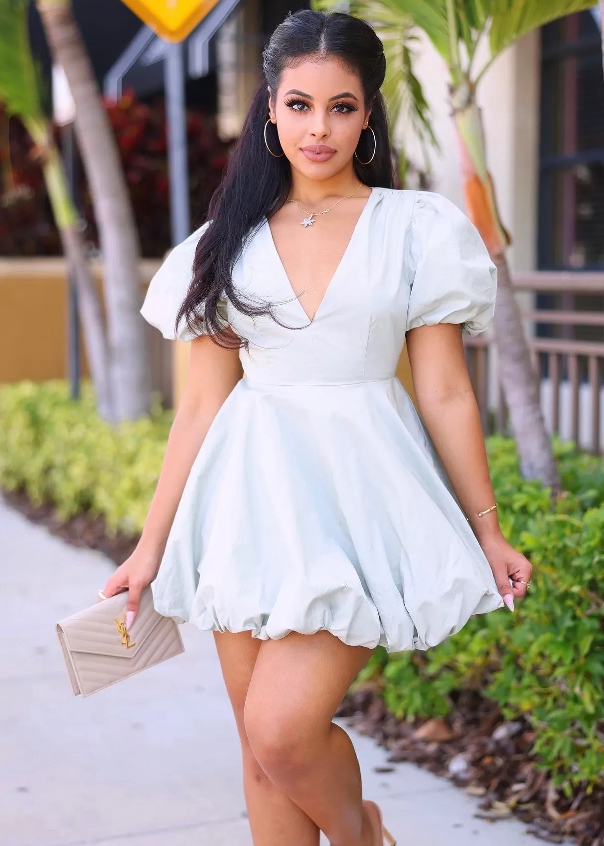 Ginnie V Neck Puff Bubble Mini Dress - Sage