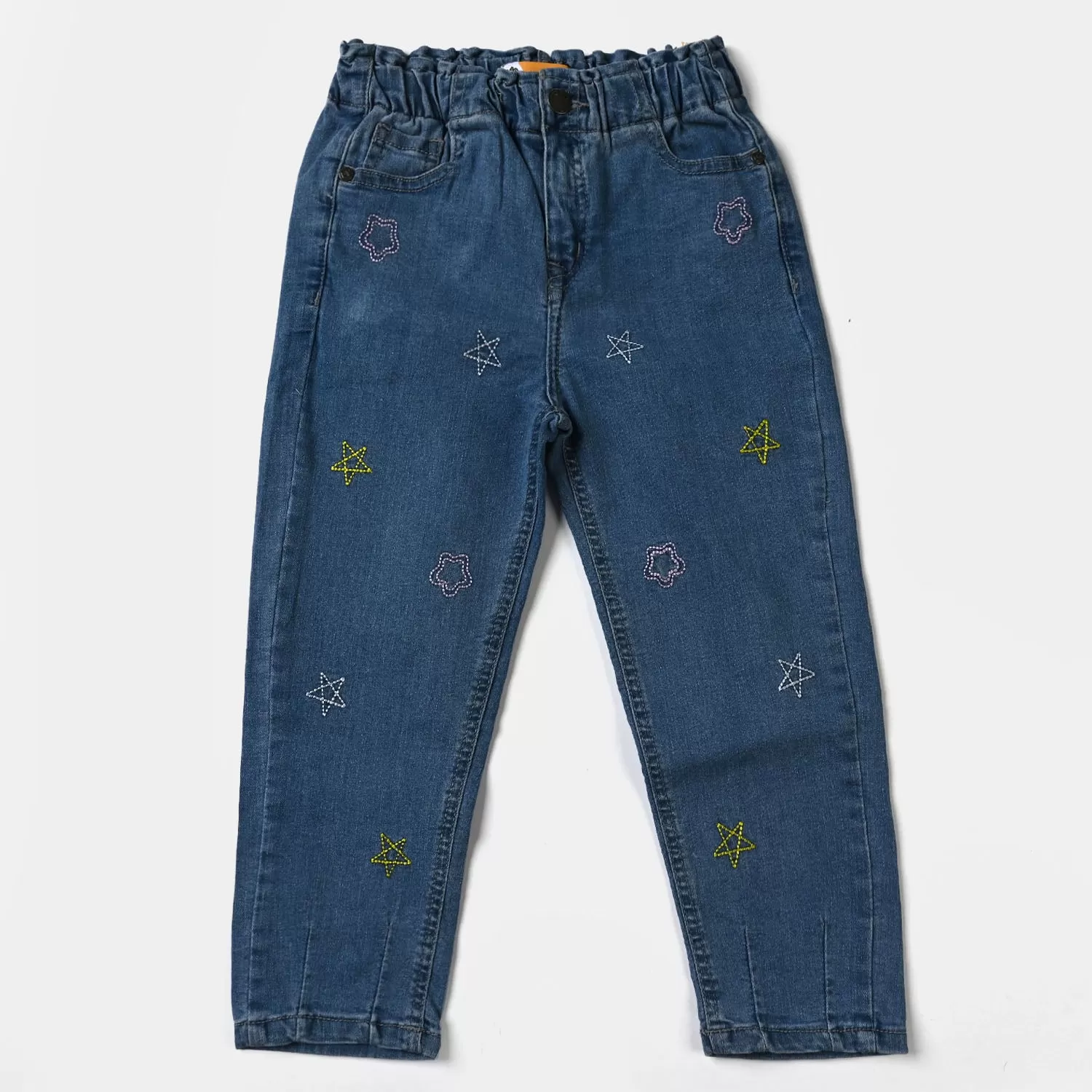 Girls Denim Pant Stars Embroidery-Ice Blue