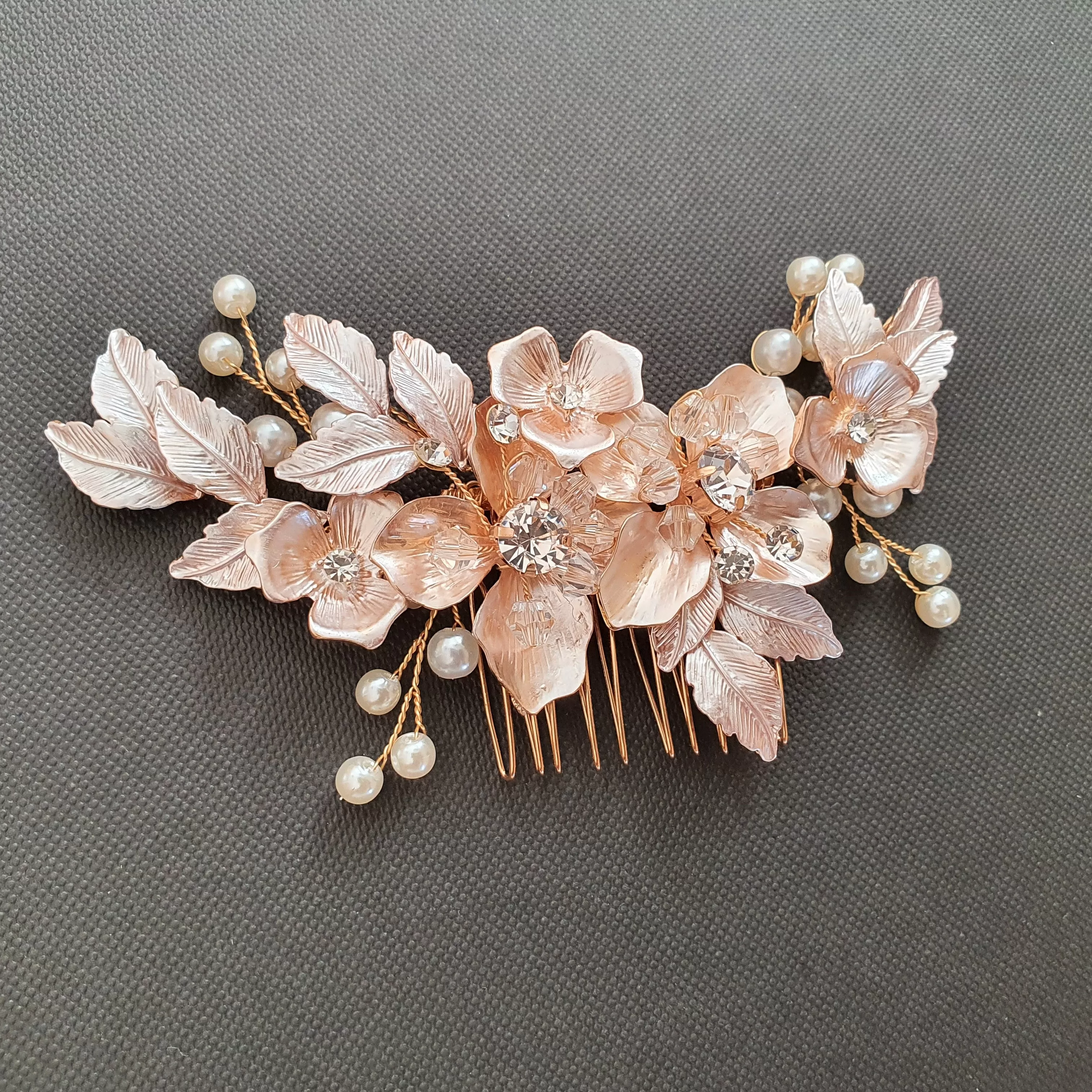 Gold Hair Comb with Flower and Leaf-Azalea