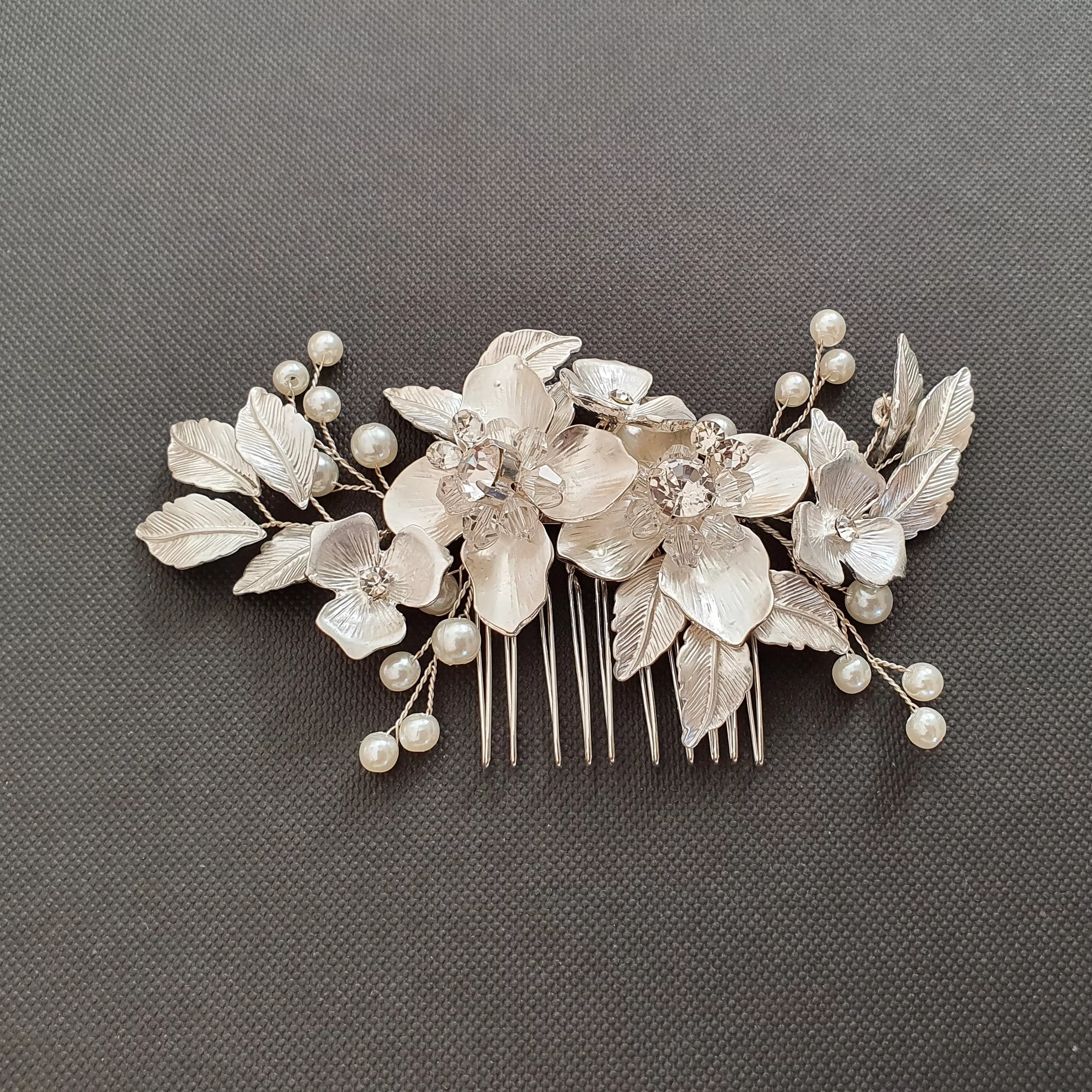 Gold Hair Comb with Flower and Leaf-Azalea