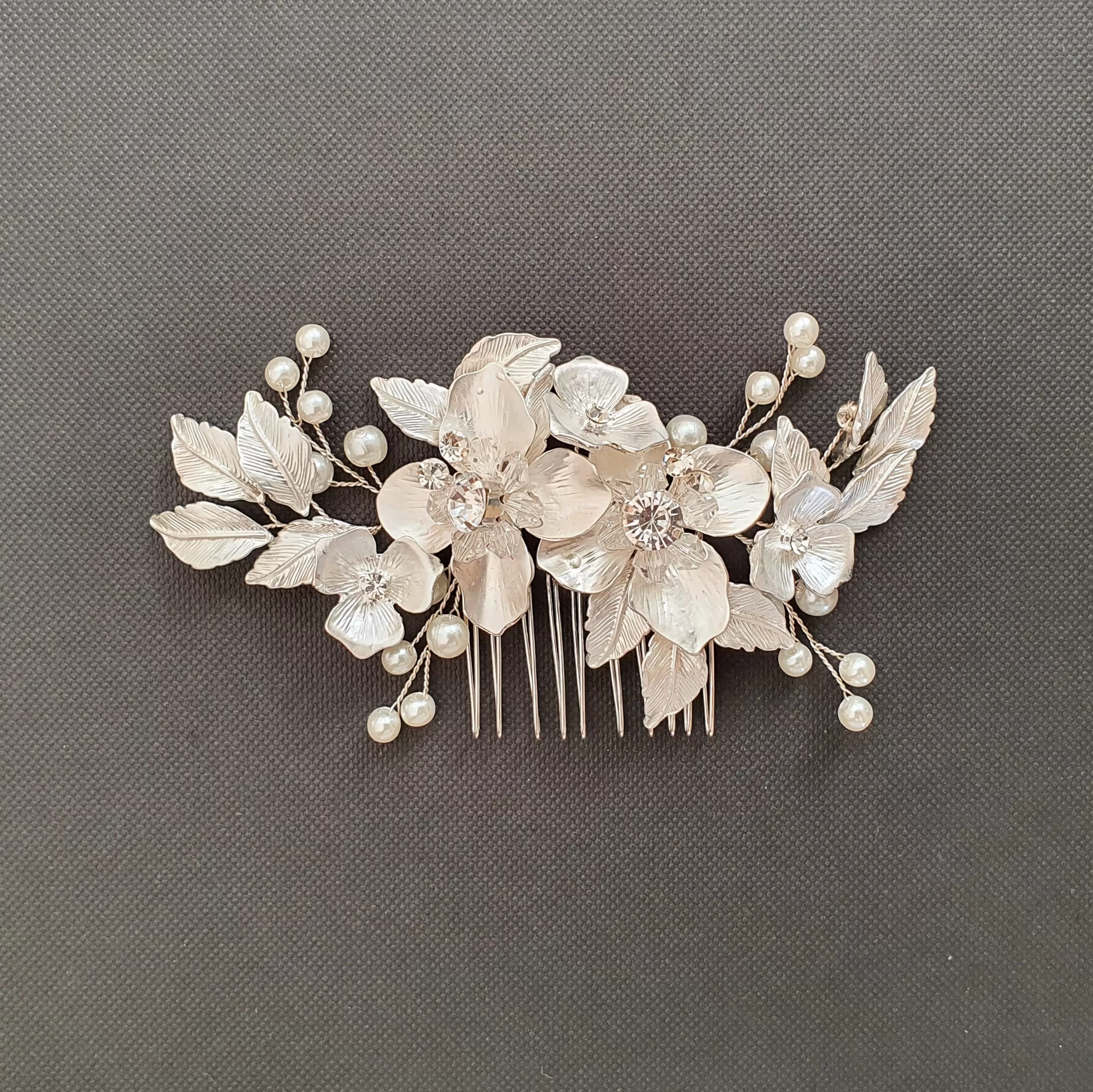 Gold Hair Comb with Flower and Leaf-Azalea