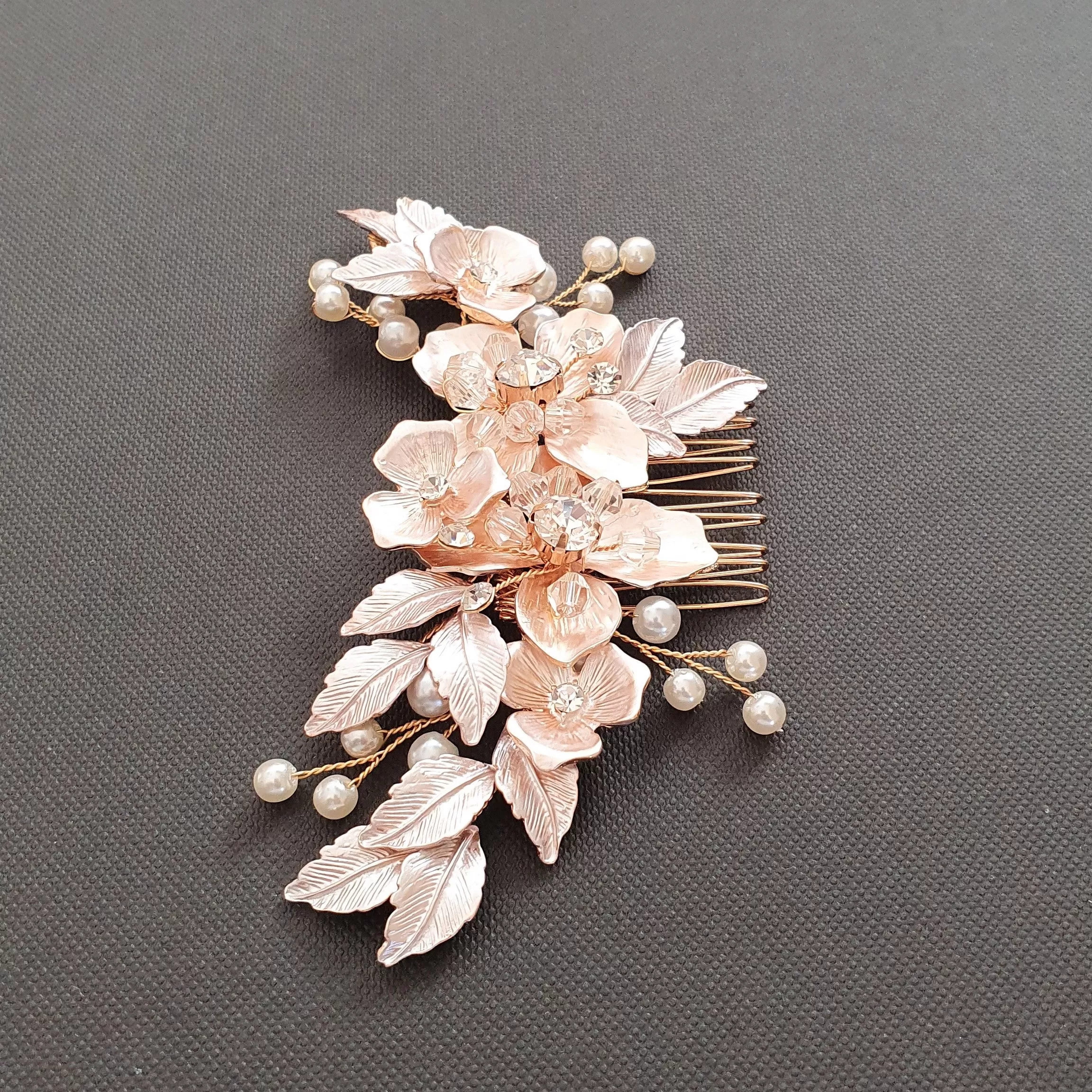 Gold Hair Comb with Flower and Leaf-Azalea